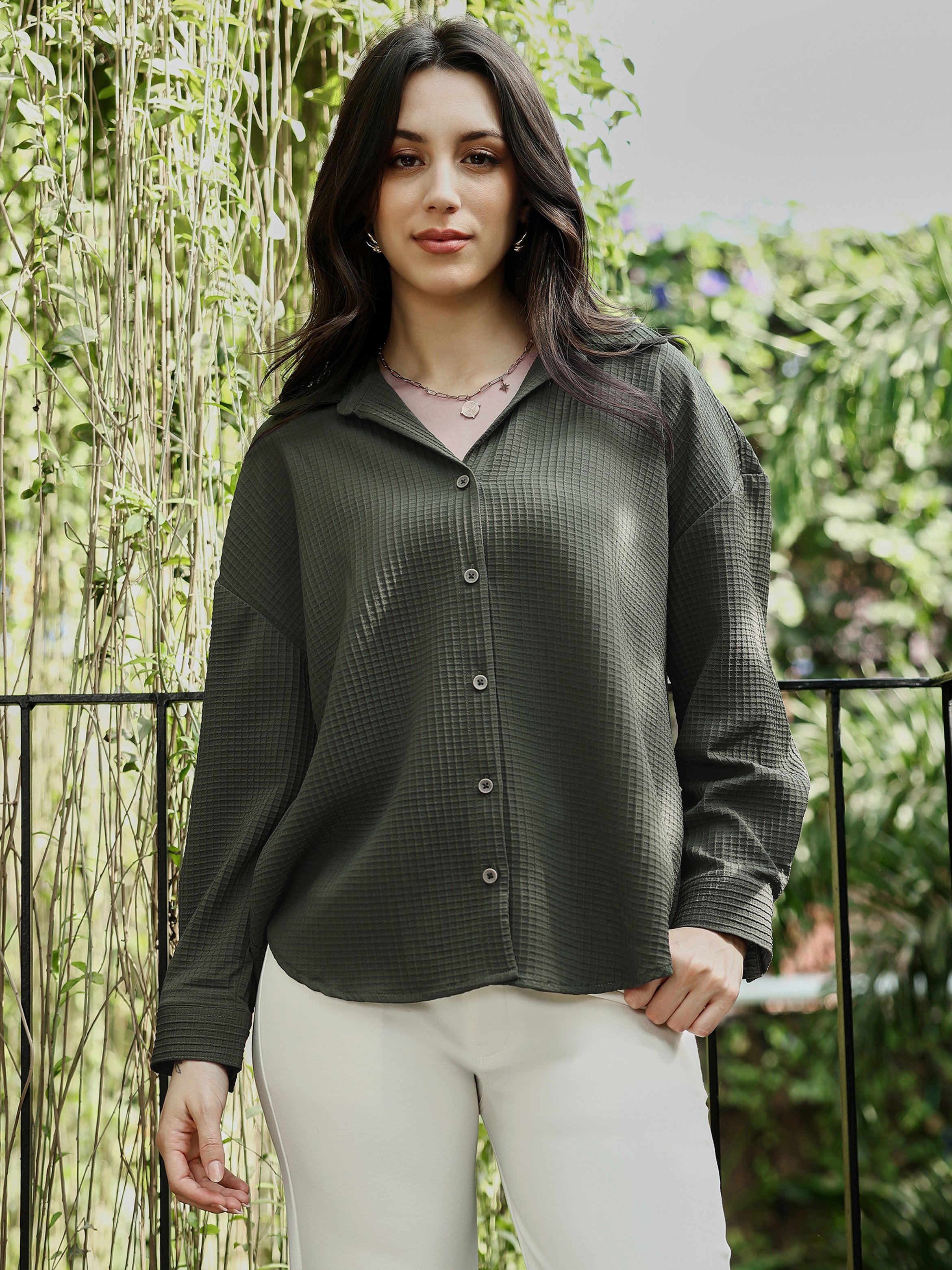 Green Waffle-Textured Oversized Shirt