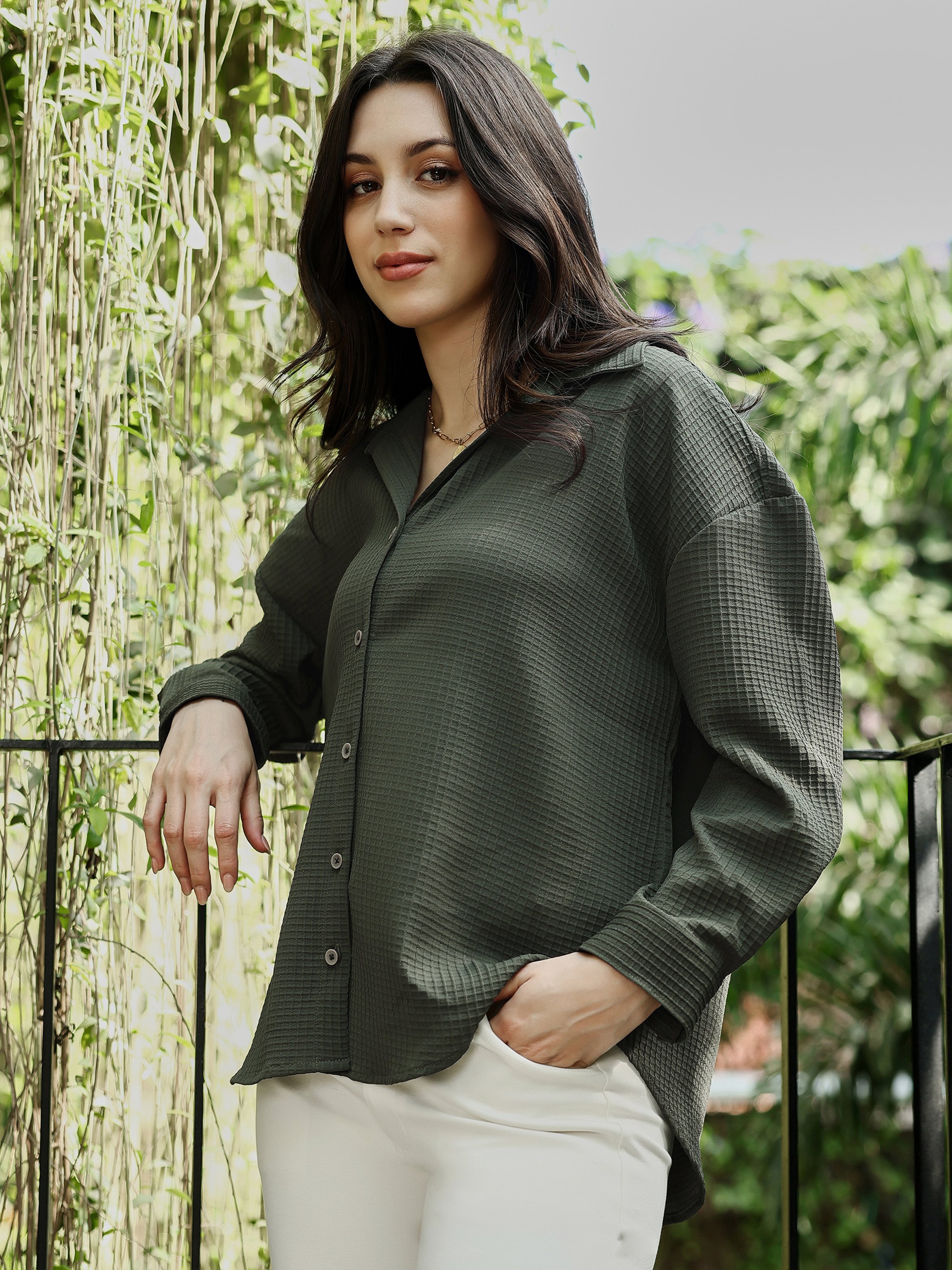 Green Waffle-Textured Oversized Shirt