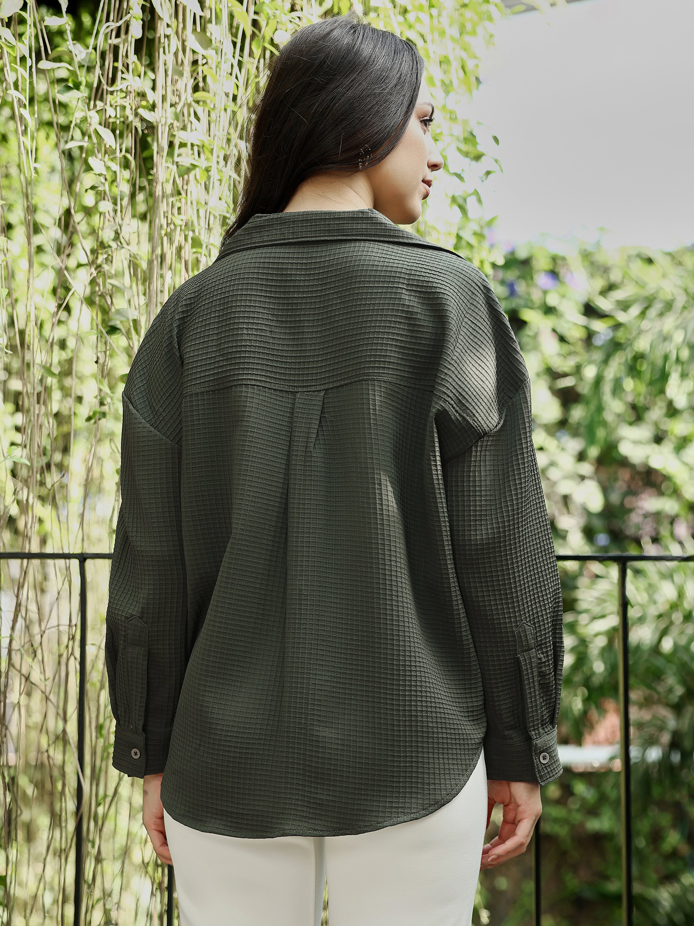 Green Waffle-Textured Oversized Shirt
