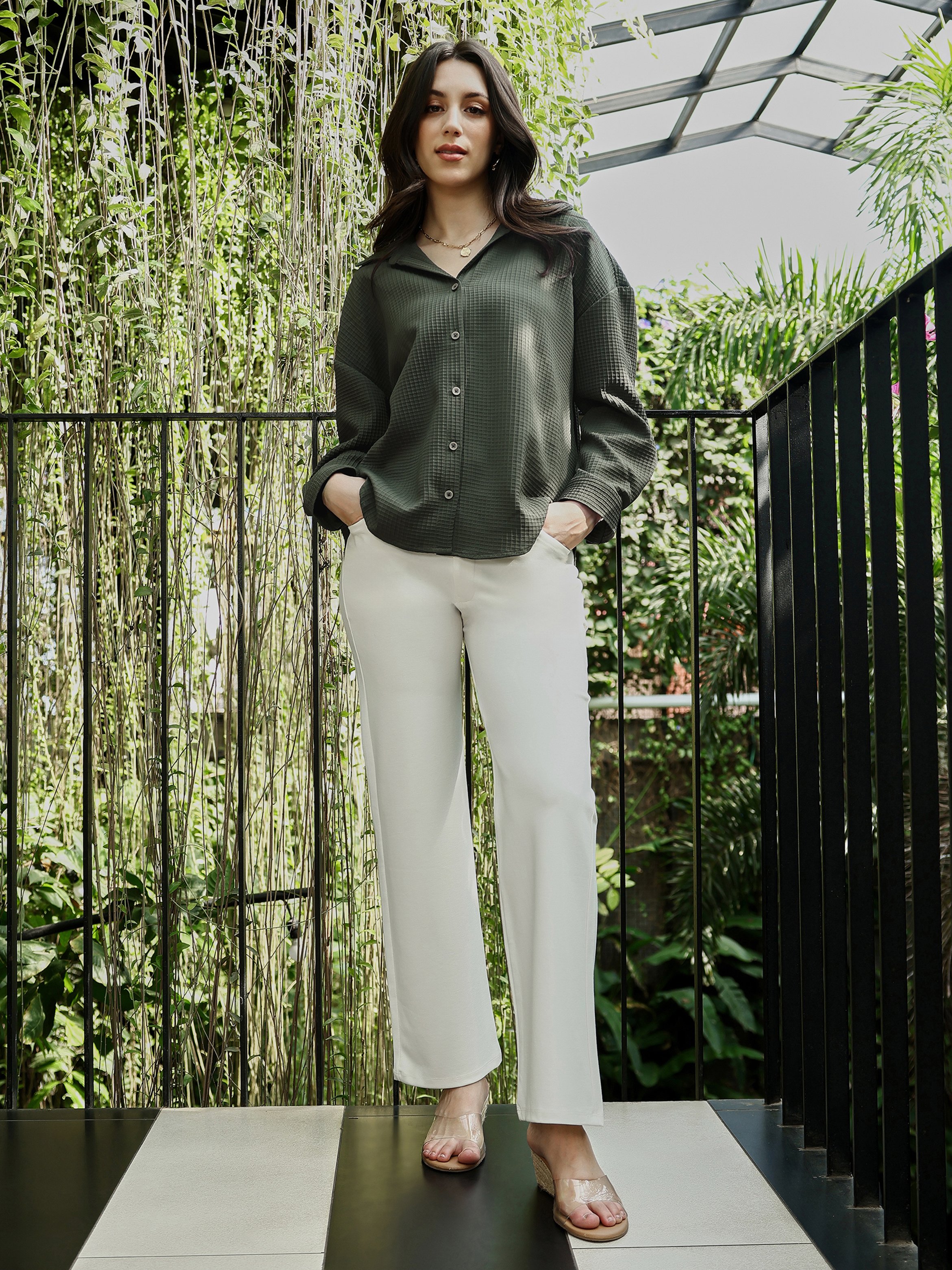 Green Waffle-Textured Oversized Shirt
