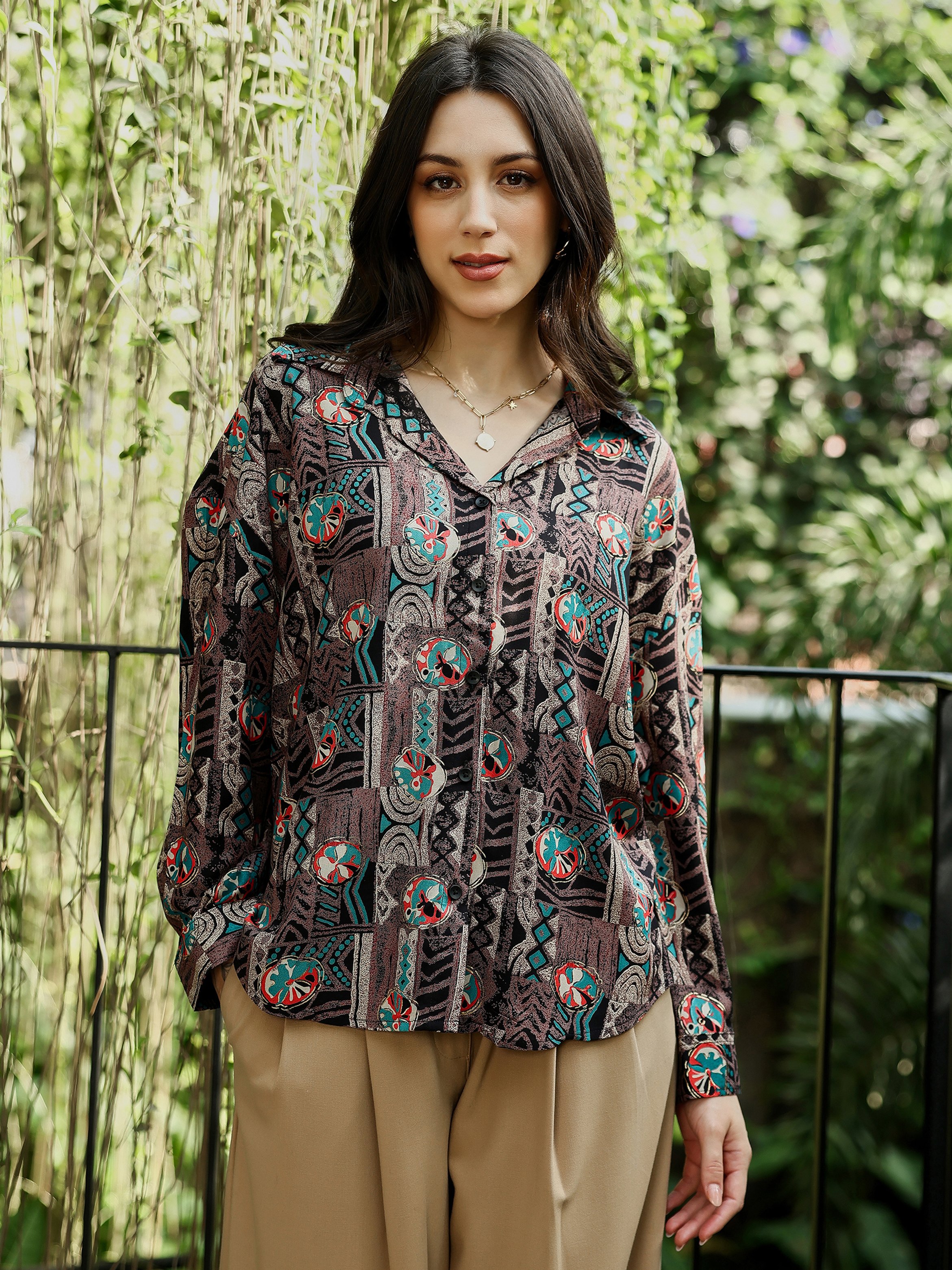 Coffee Brown Printed Oversized Shirt