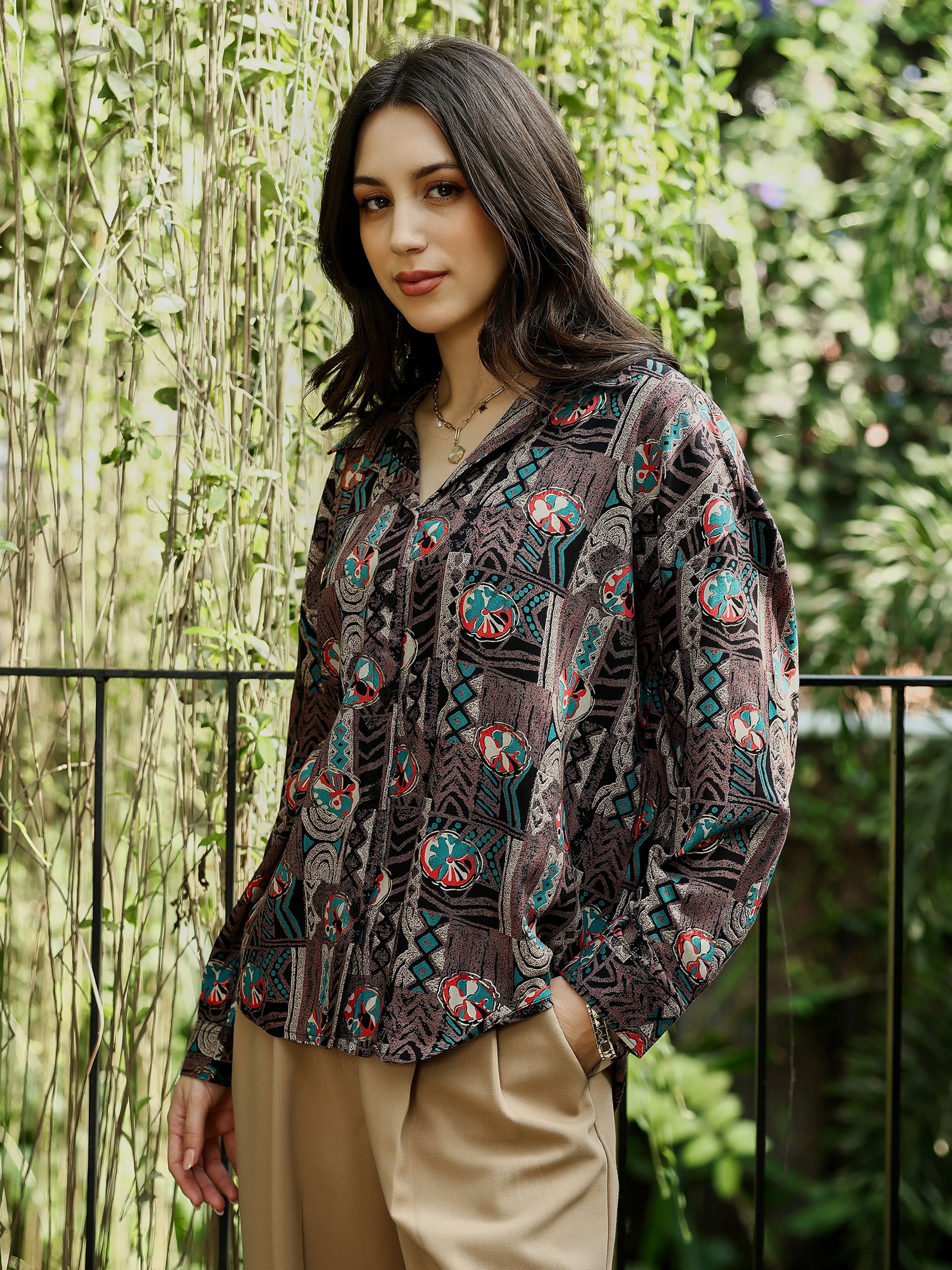 Coffee Brown Printed Oversized Shirt