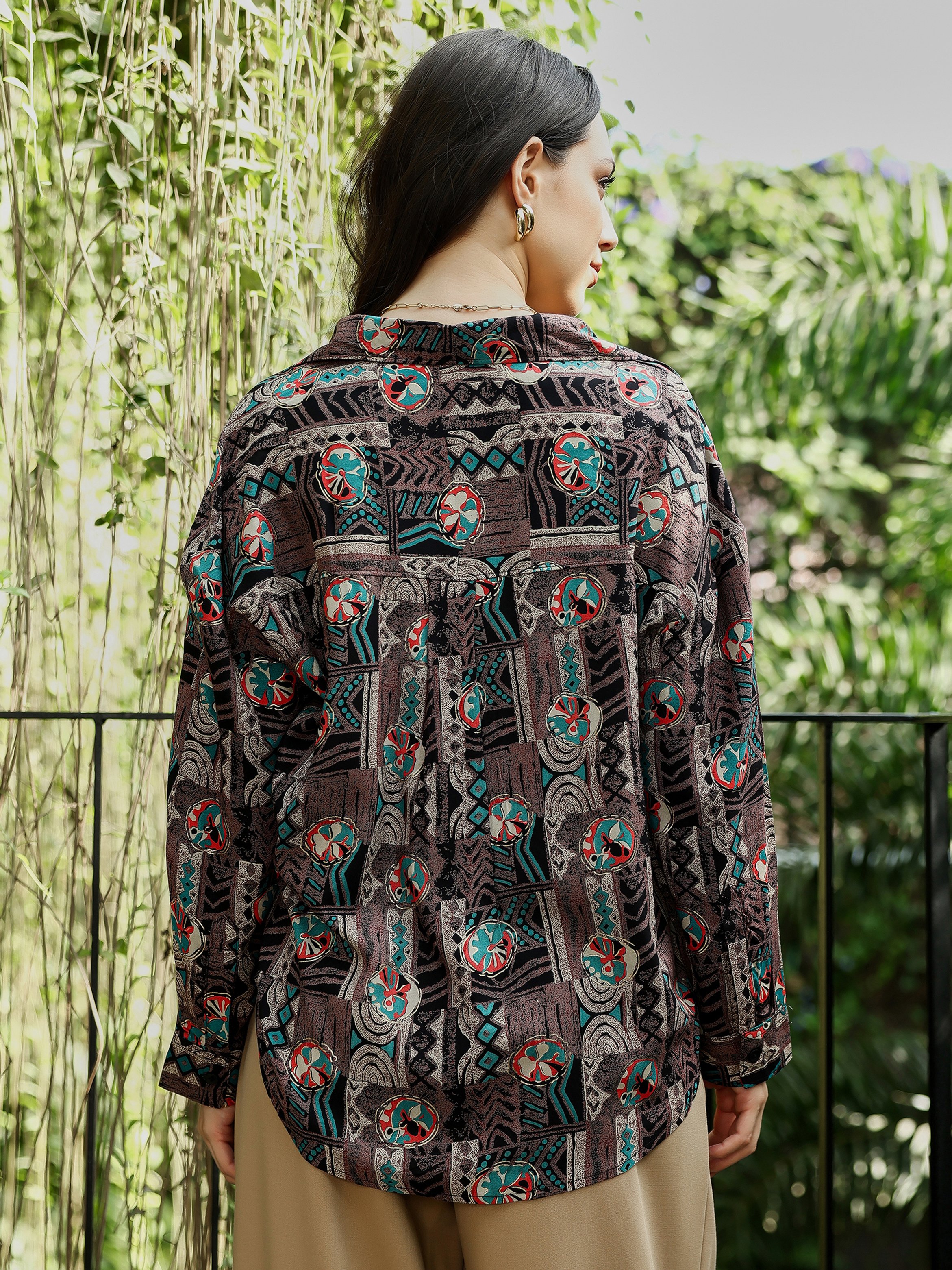 Coffee Brown Printed Oversized Shirt