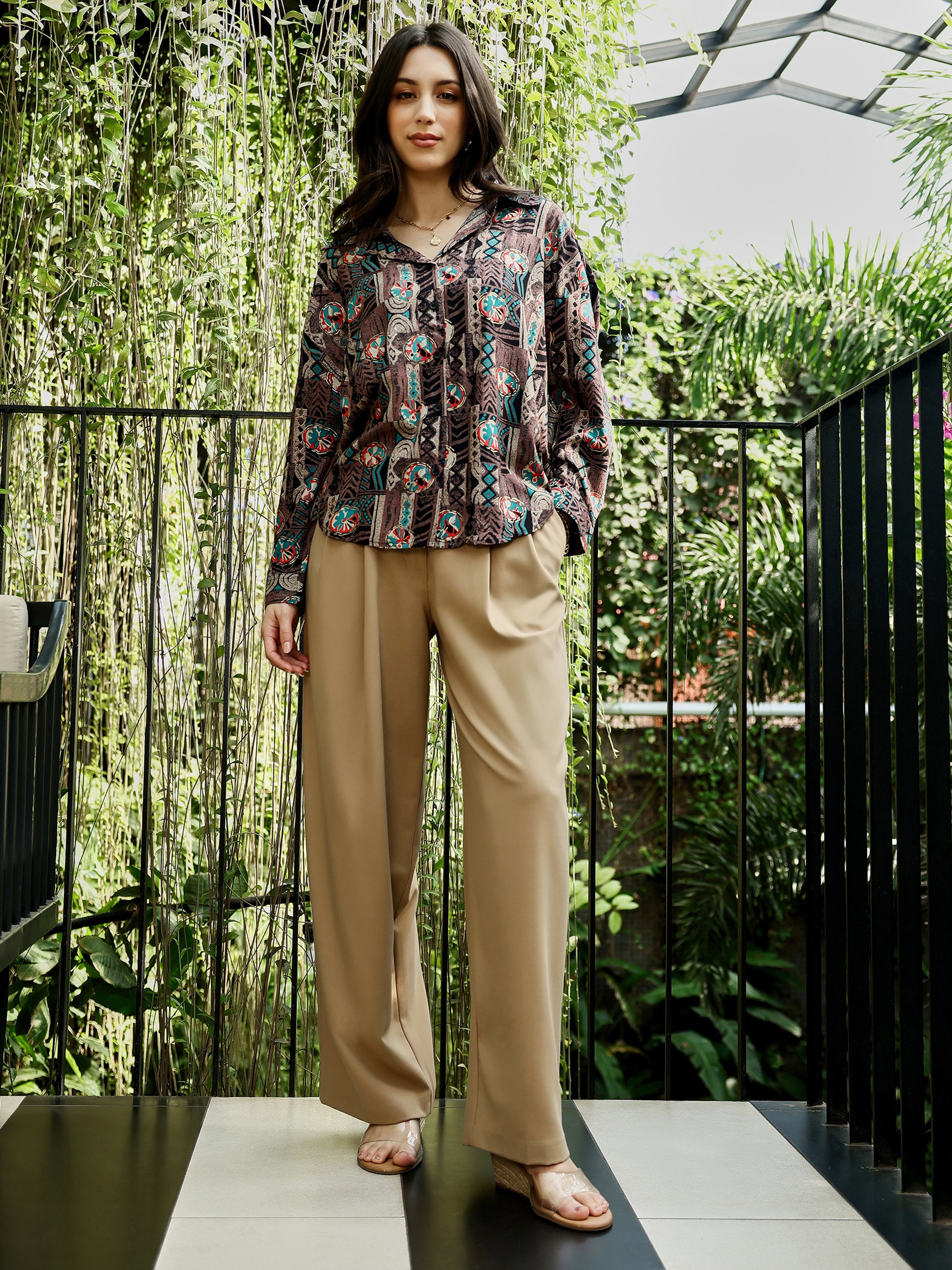 Coffee Brown Printed Oversized Shirt