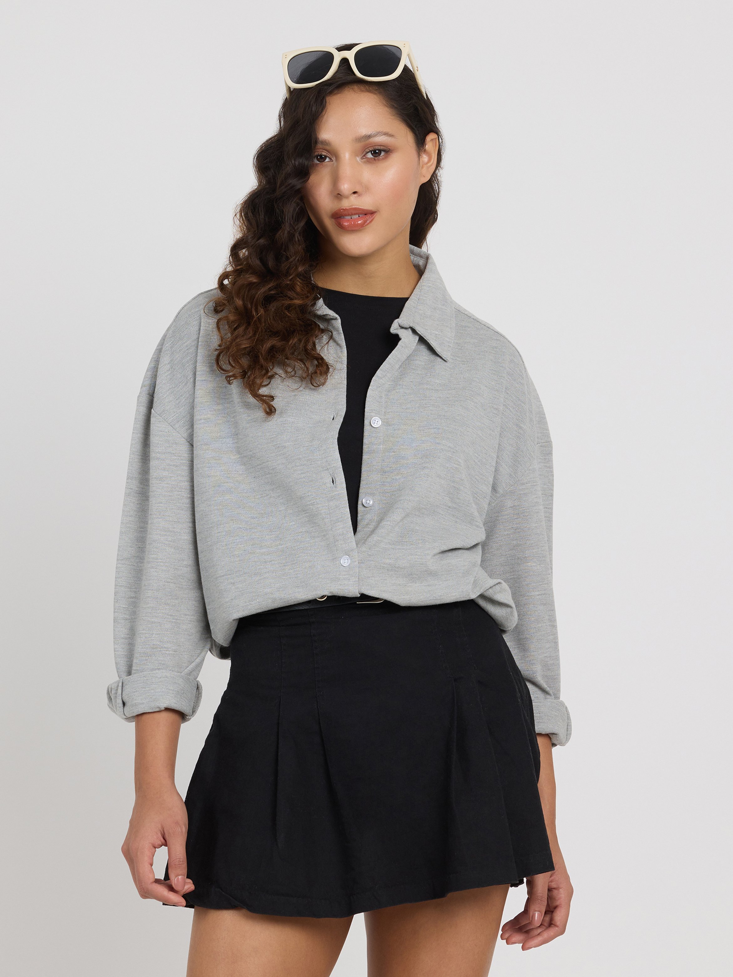 Grey Solid Long Sleeve Oversized Shirt