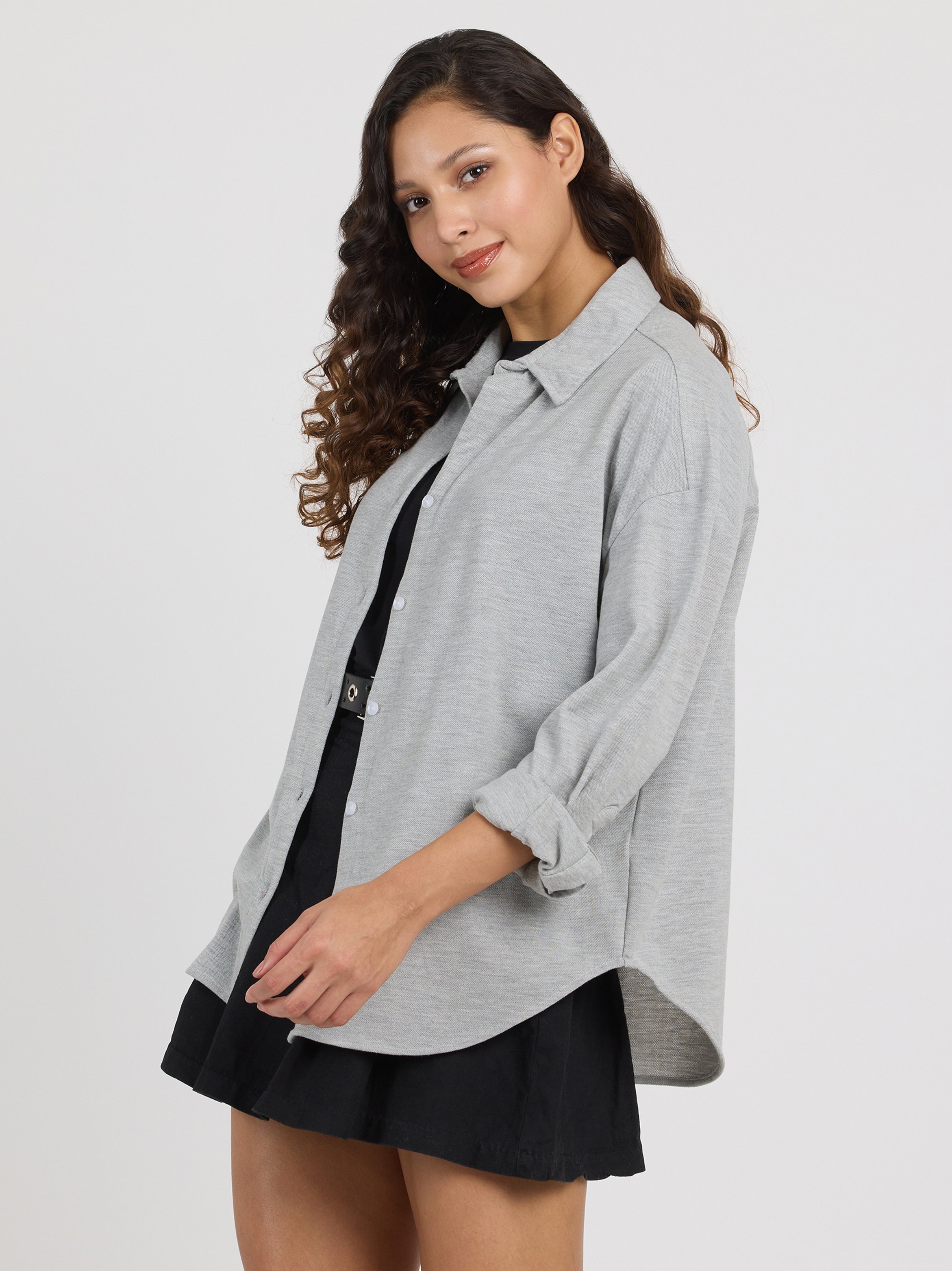 Grey Solid Long Sleeve Oversized Shirt