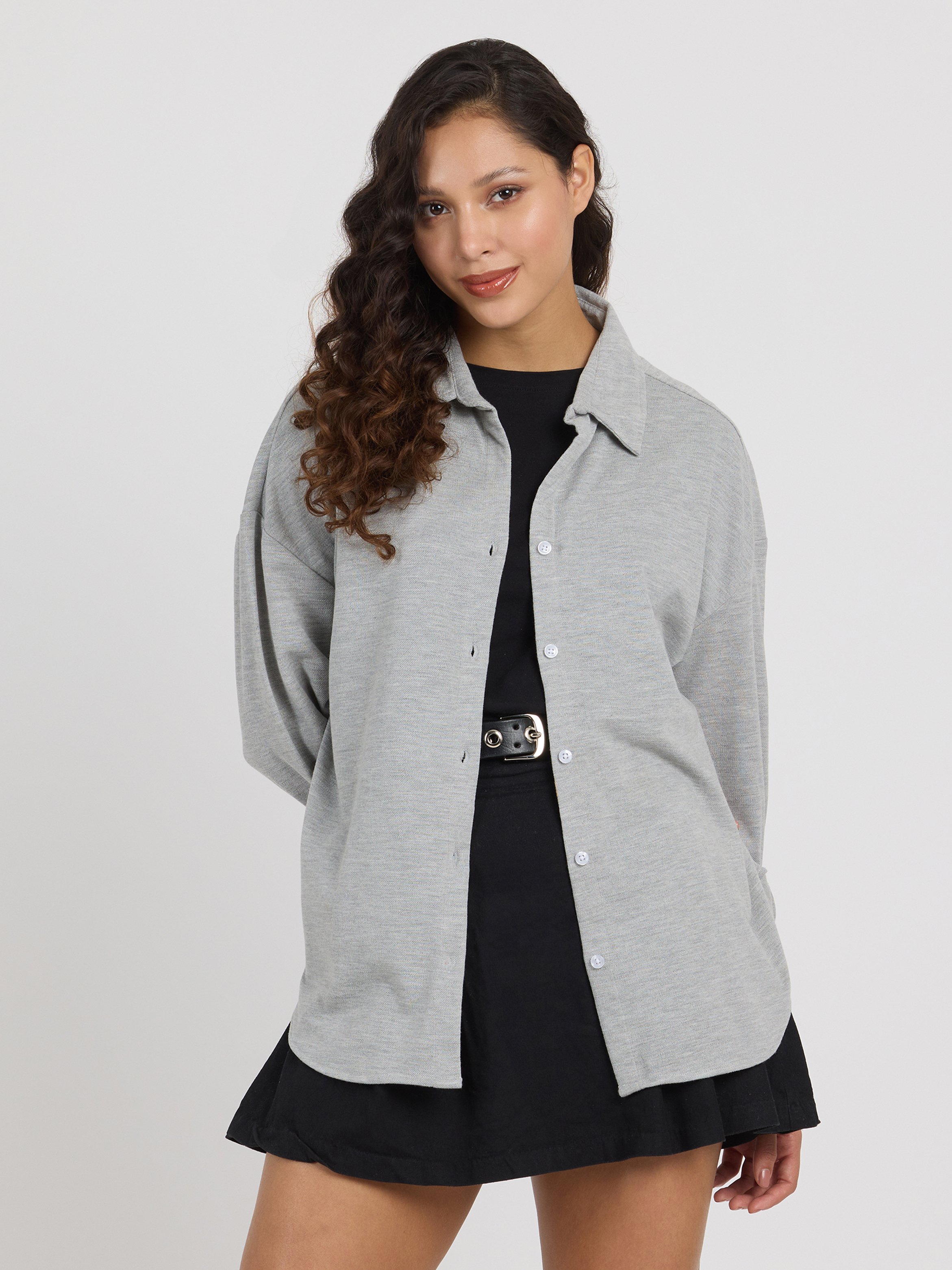 Grey Solid Long Sleeve Oversized Shirt