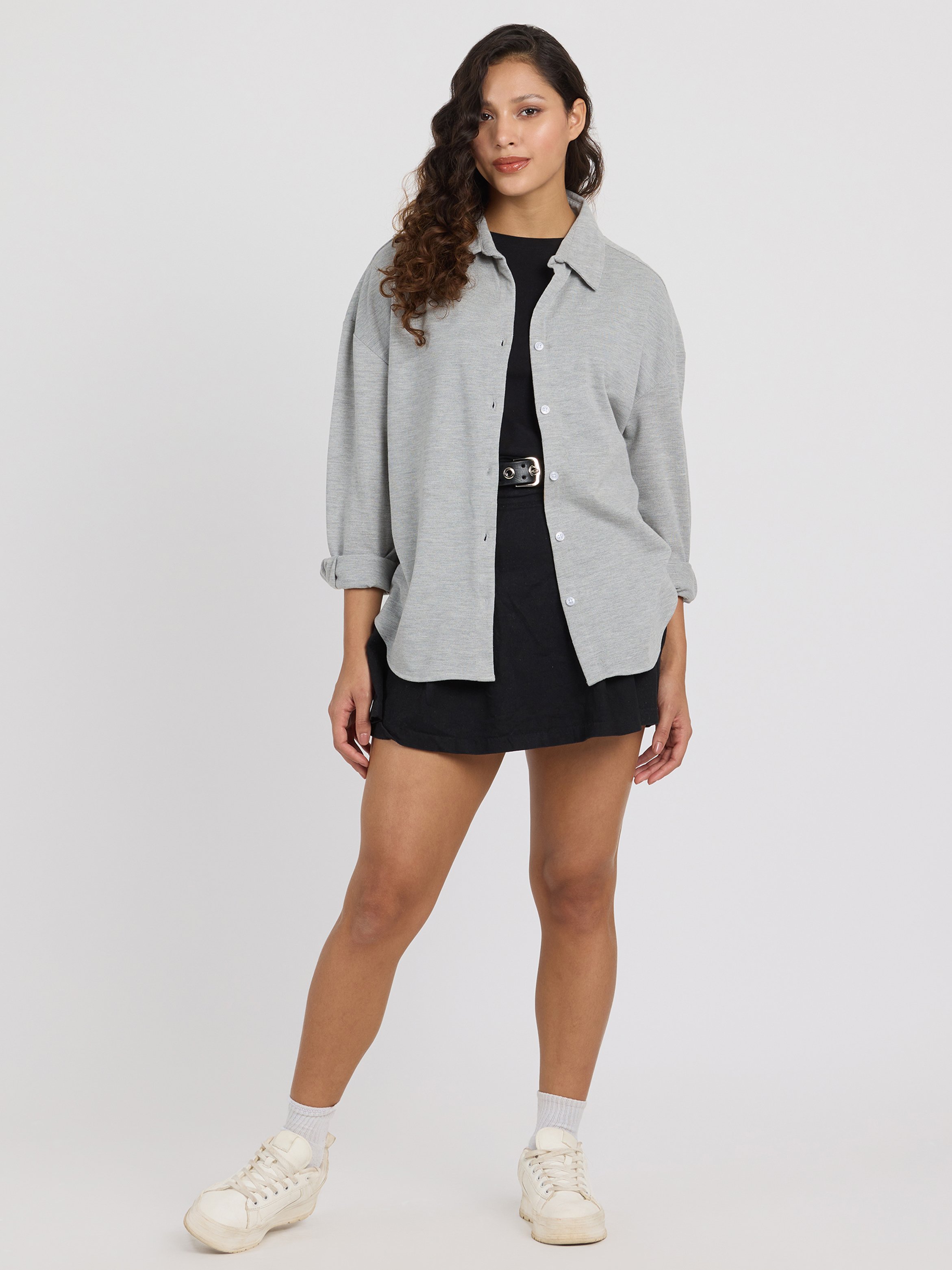Grey Solid Long Sleeve Oversized Shirt