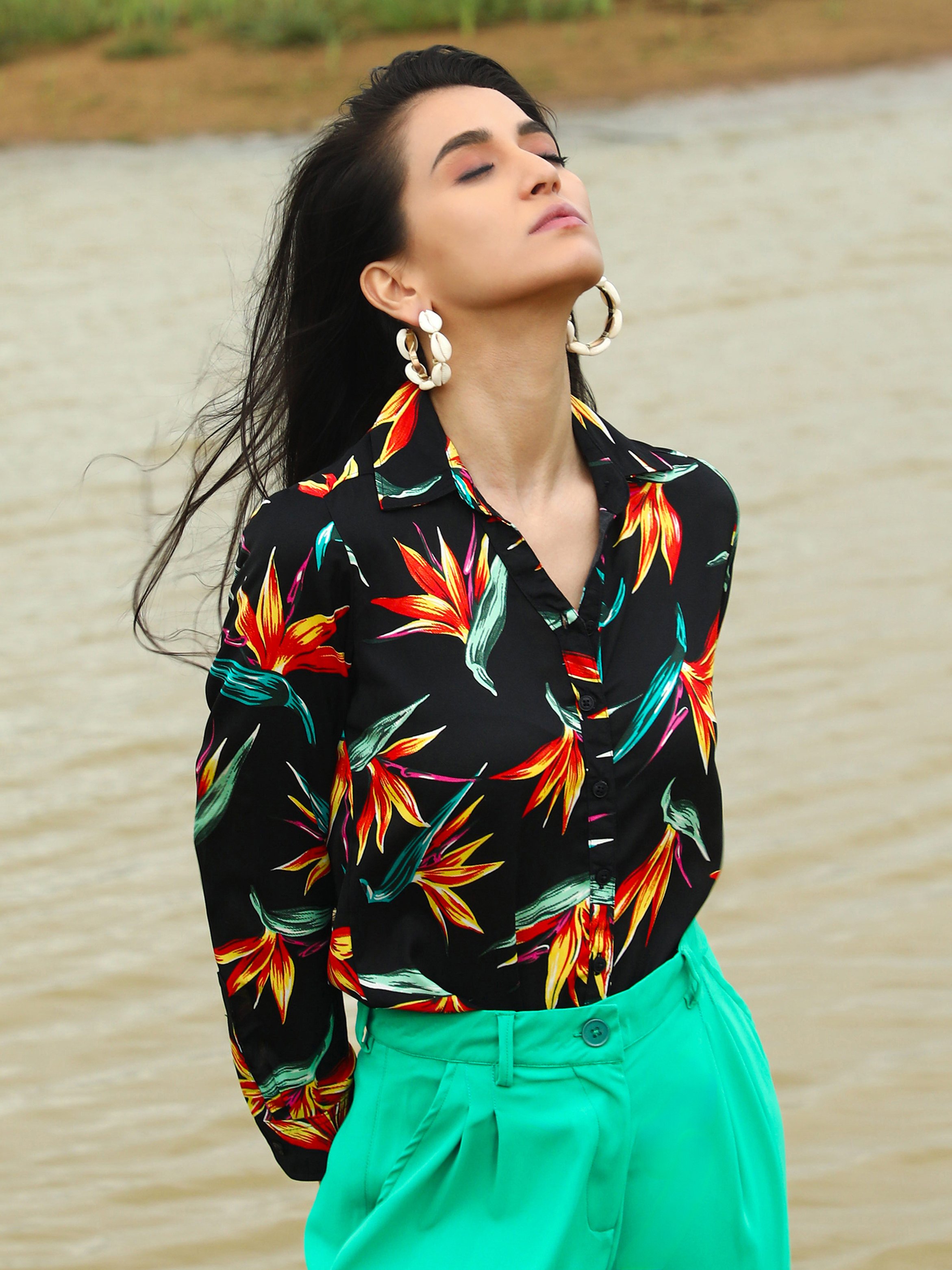 Black Tropical Print Long Sleeve Shirt