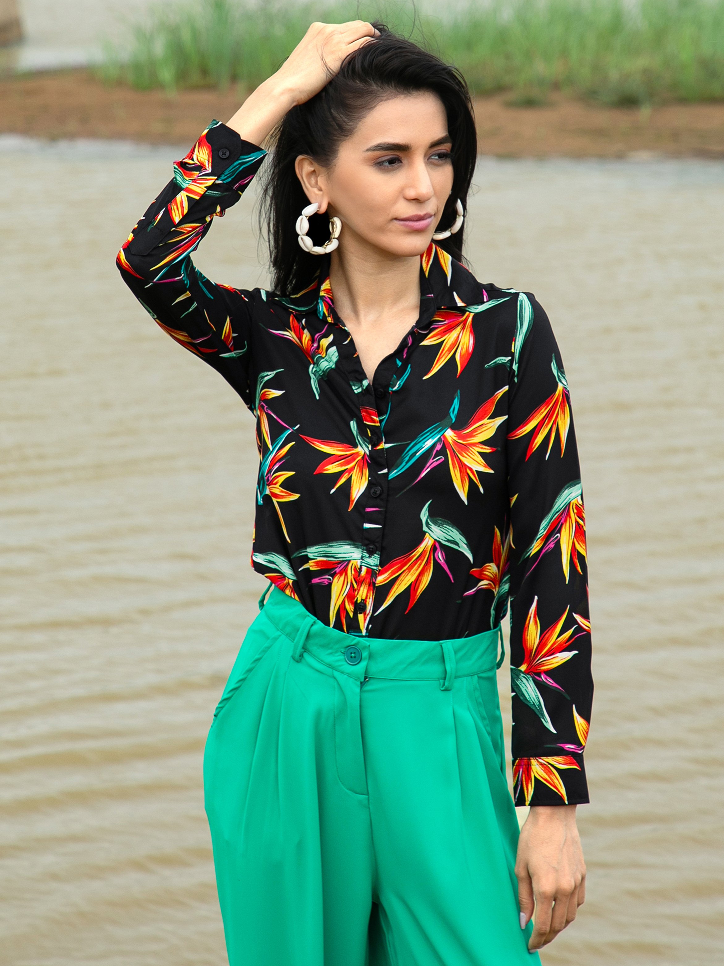 Black Tropical Print Long Sleeve Shirt