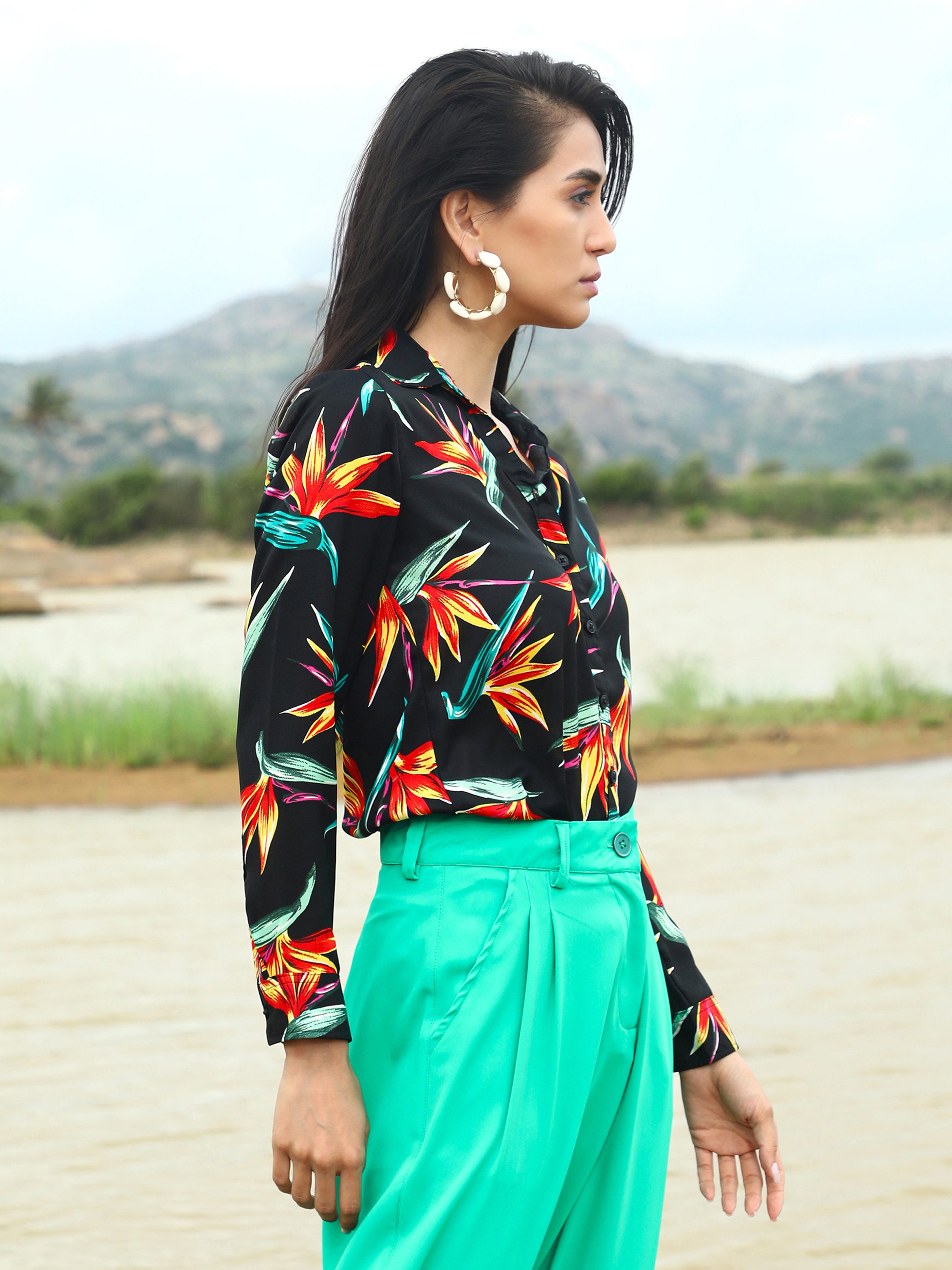 Black Tropical Print Long Sleeve Shirt