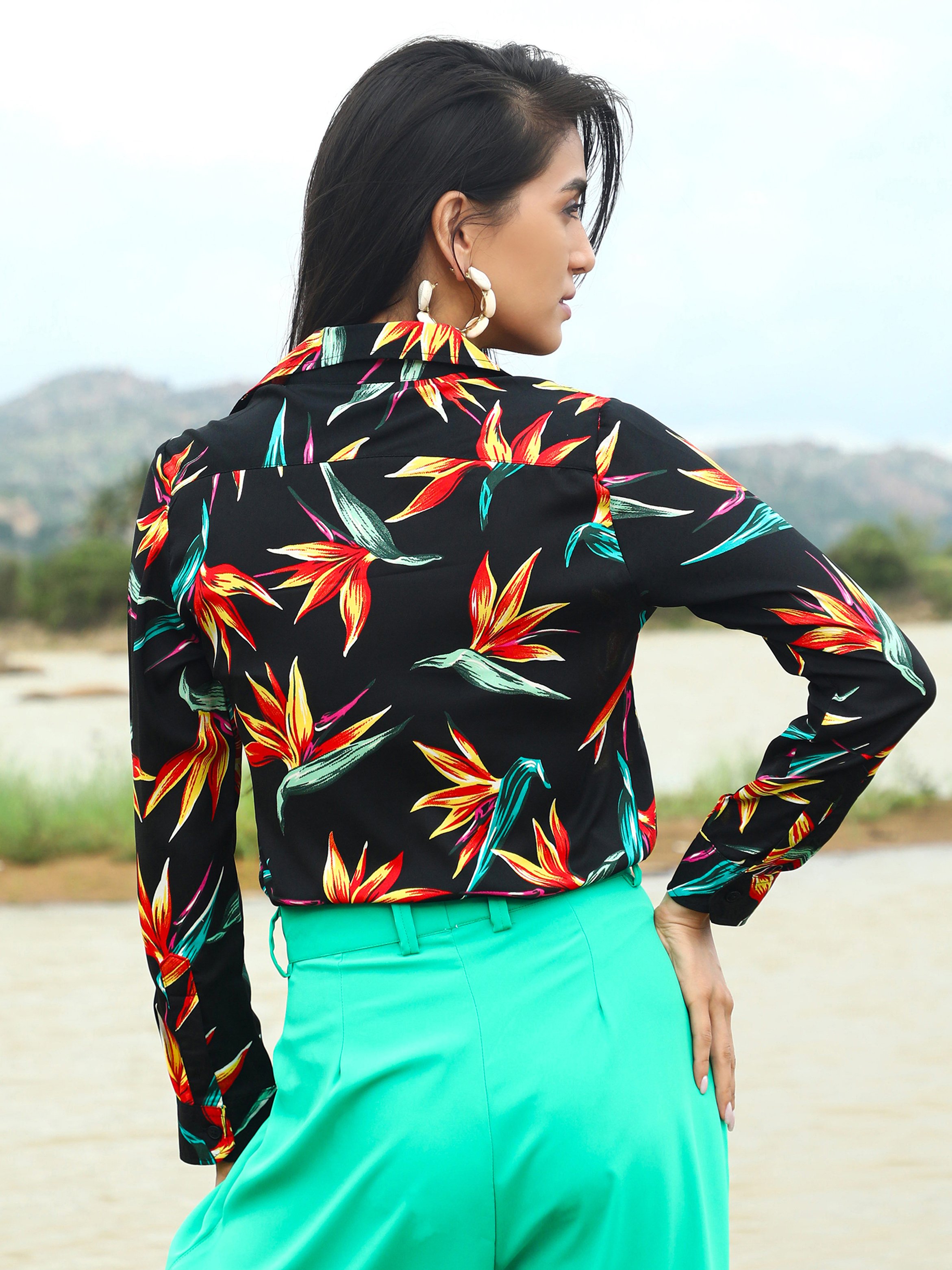 Black Tropical Print Long Sleeve Shirt