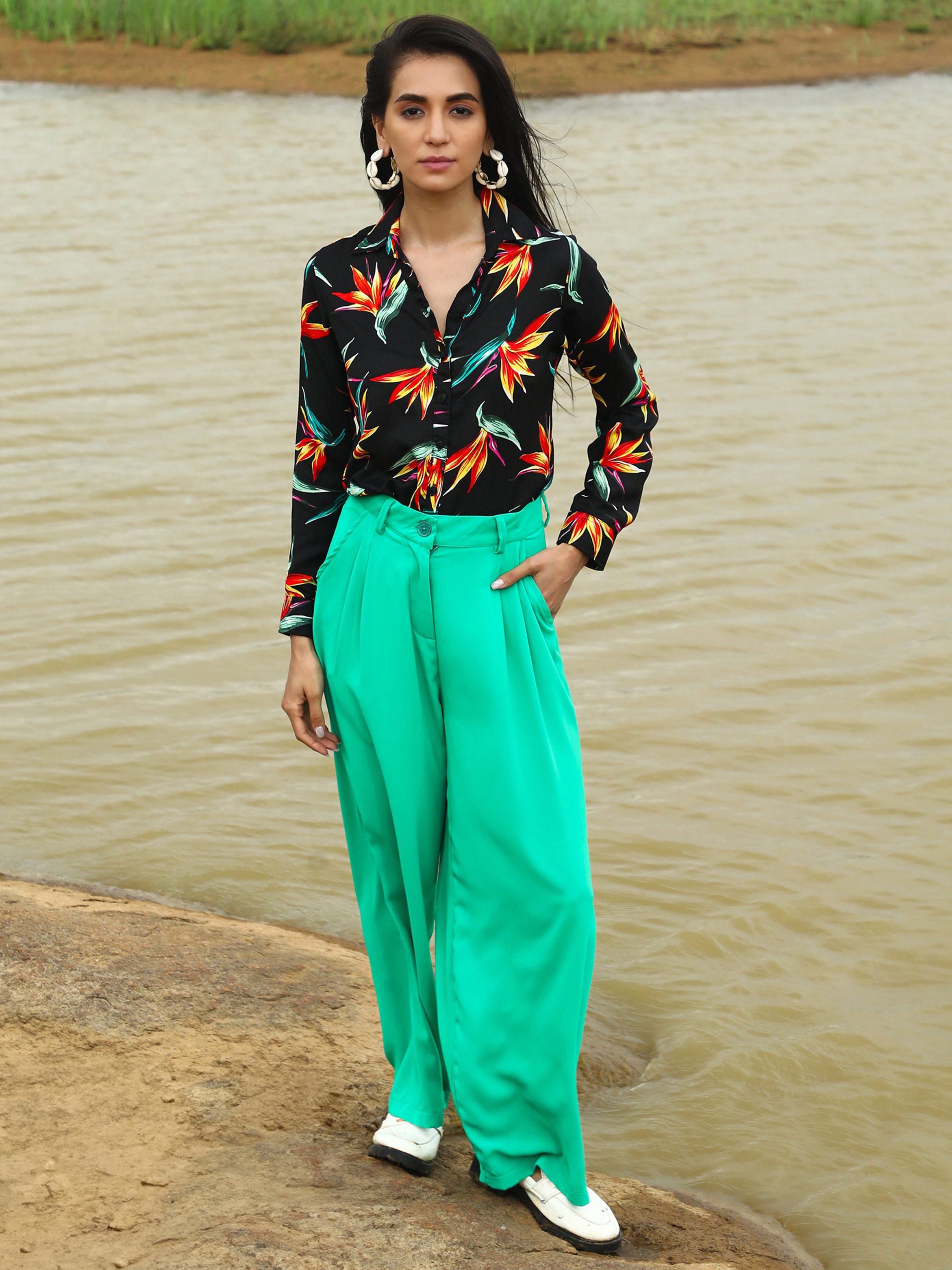 Black Tropical Print Long Sleeve Shirt