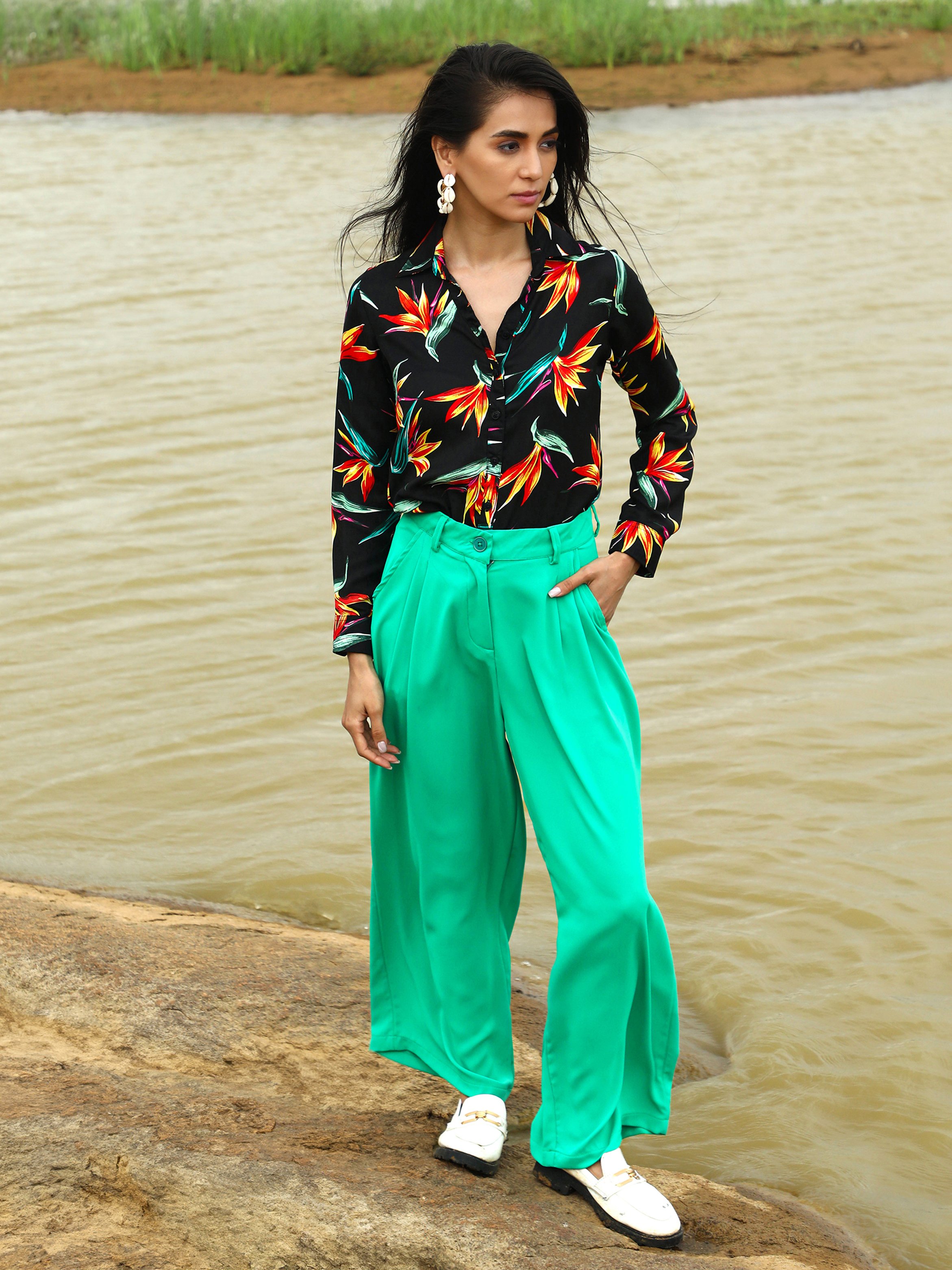 Black Tropical Print Long Sleeve Shirt