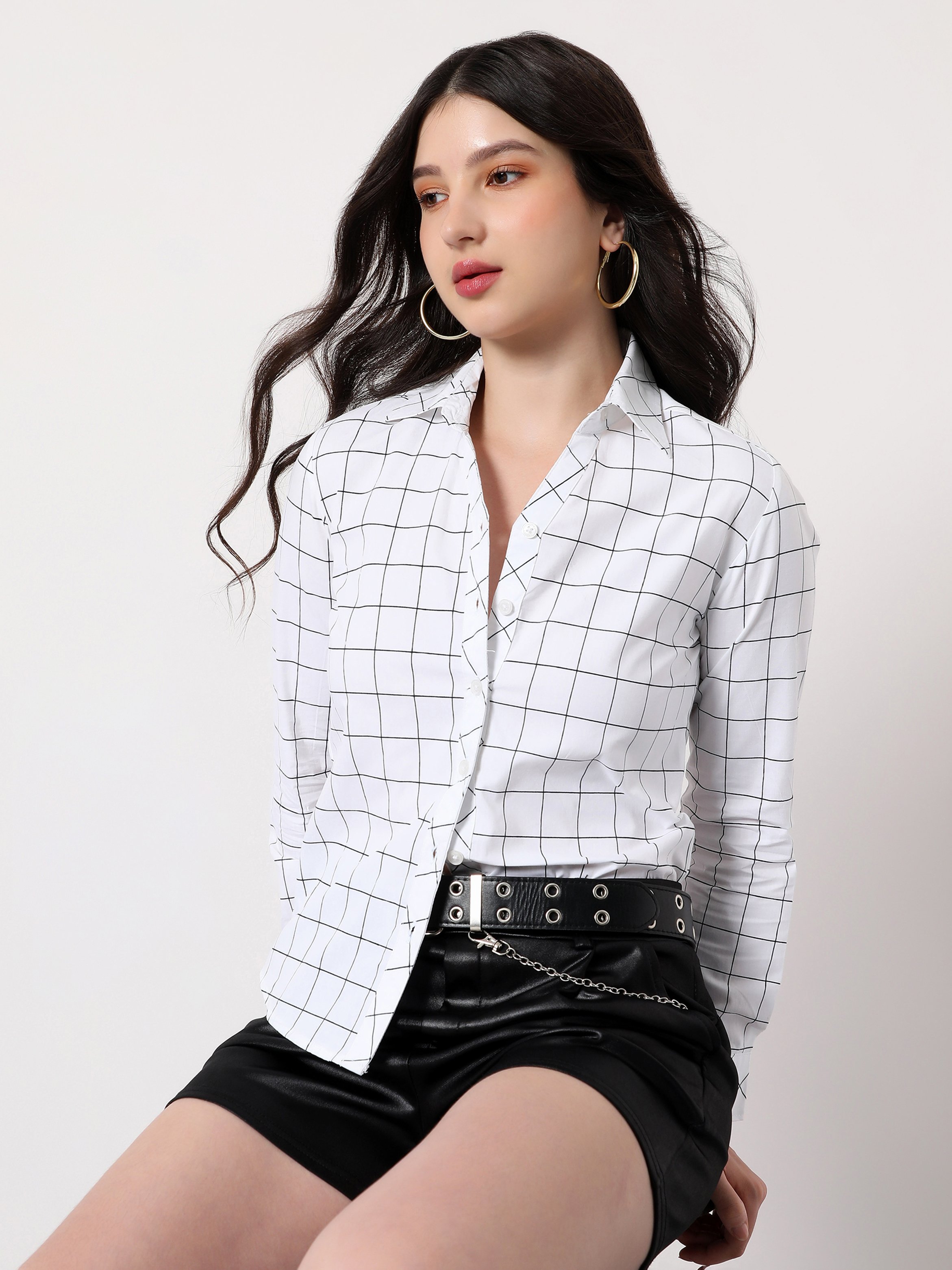 White Graph-Check Regular Long Sleeve Shirt