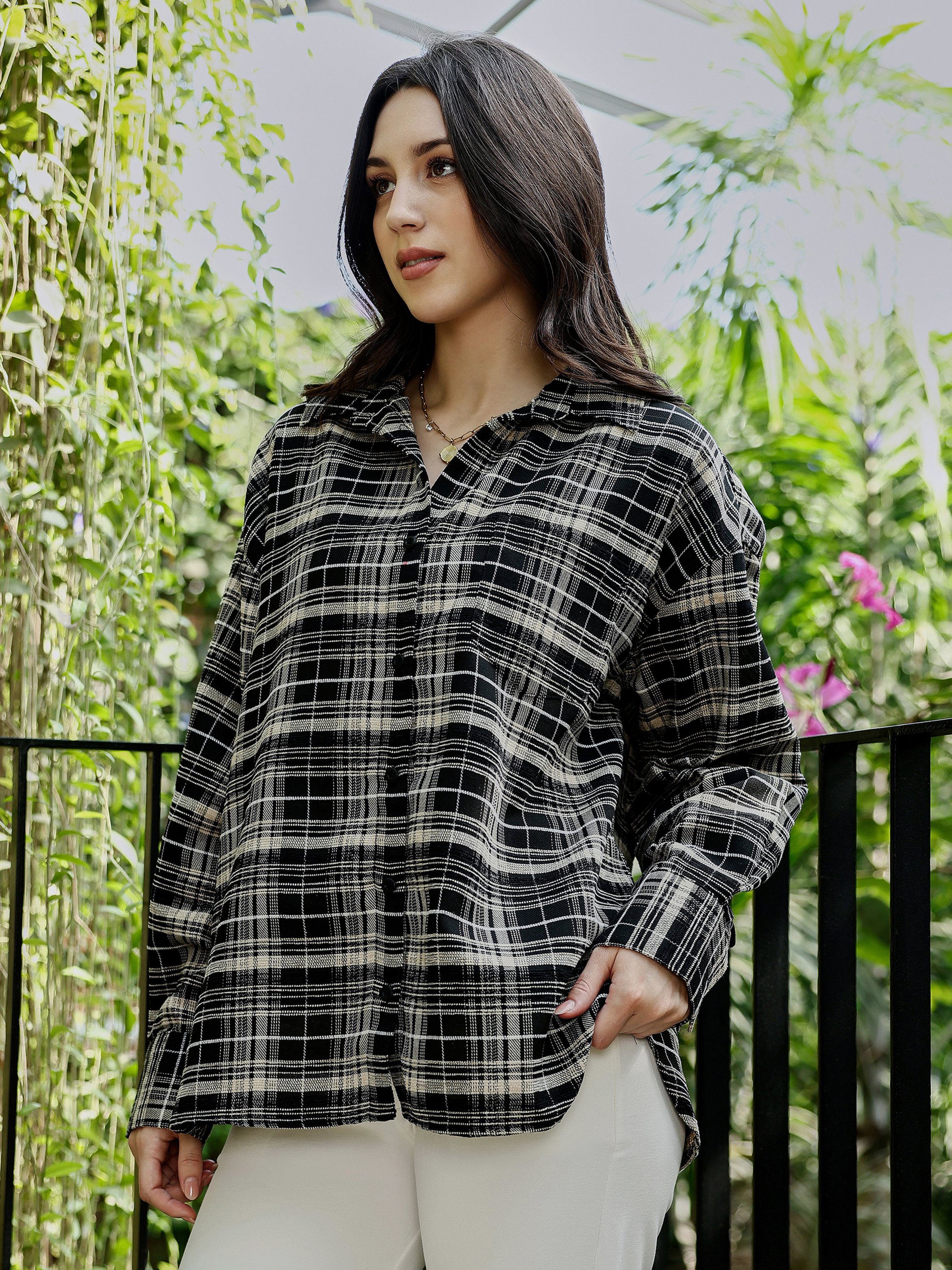 Midnight Black Static-Plaid Oversized Shirt