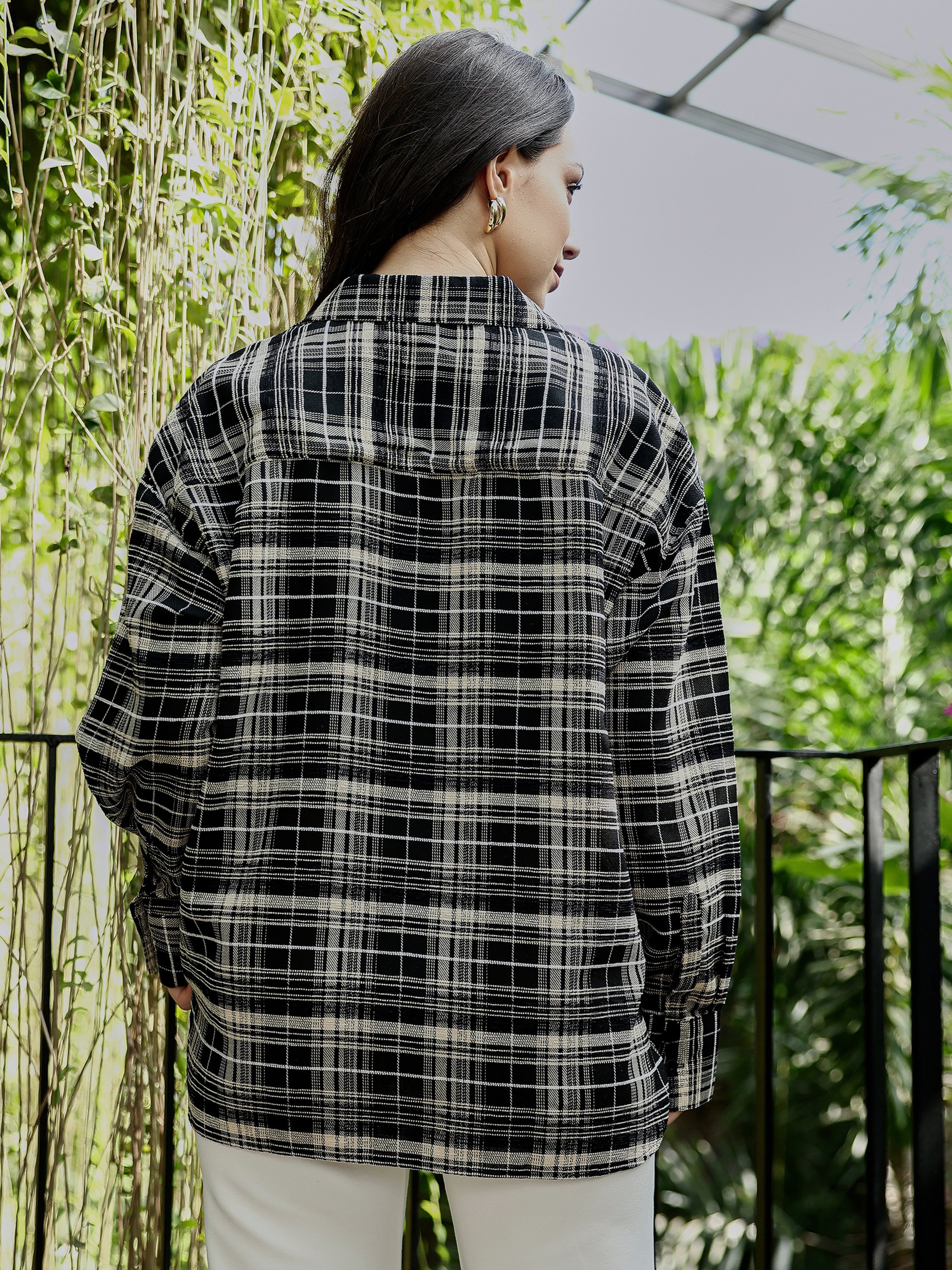 Midnight Black Static-Plaid Oversized Shirt