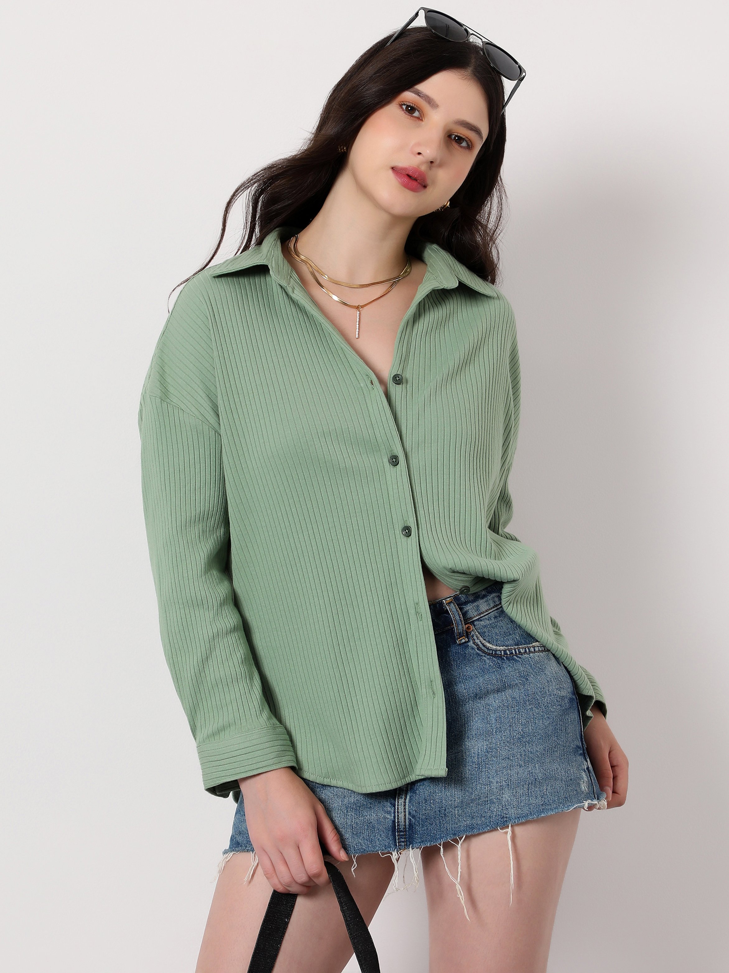 Pistachio Green Chunky-Ribbed Oversized Shirt