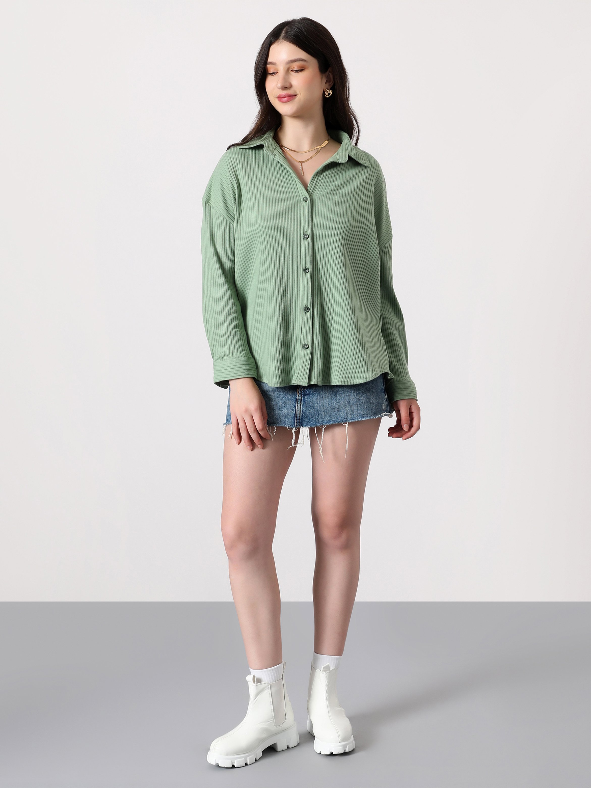 Pistachio Green Chunky-Ribbed Oversized Shirt