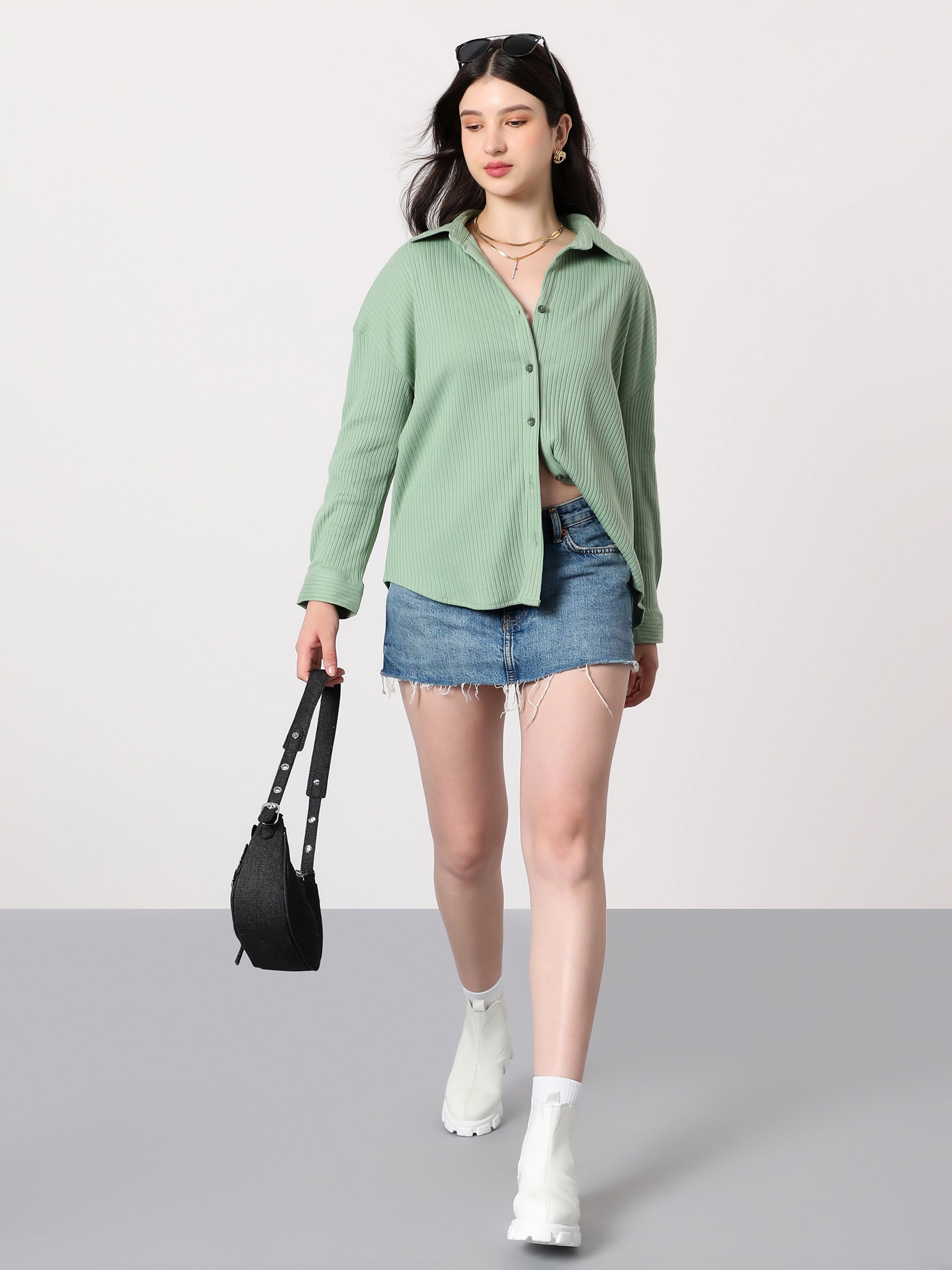 Pistachio Green Chunky-Ribbed Oversized Shirt