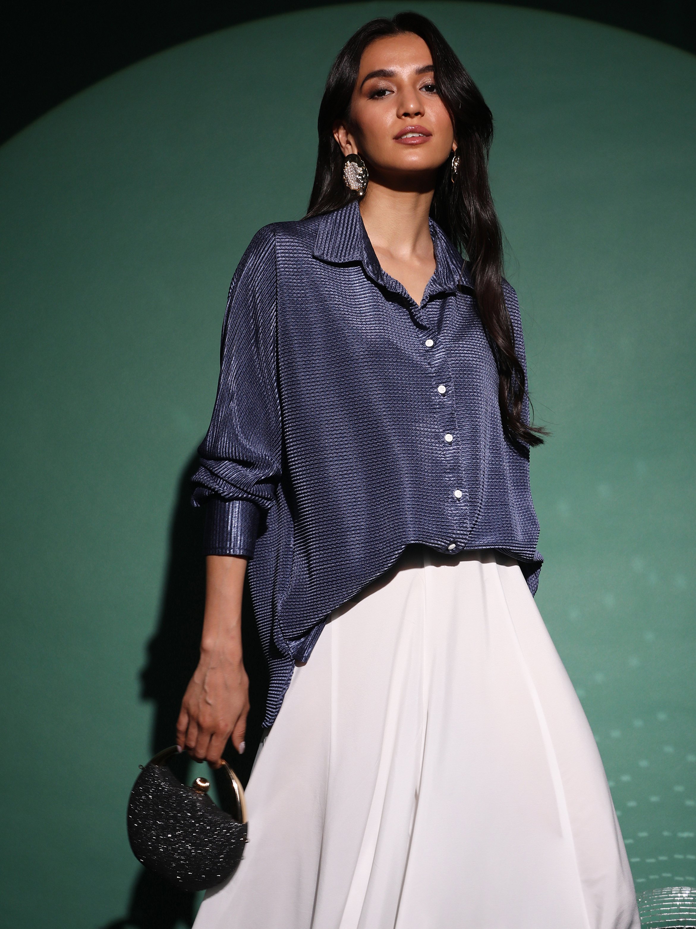 Navy Blue Textured-Pleat Long Sleeve Shirt