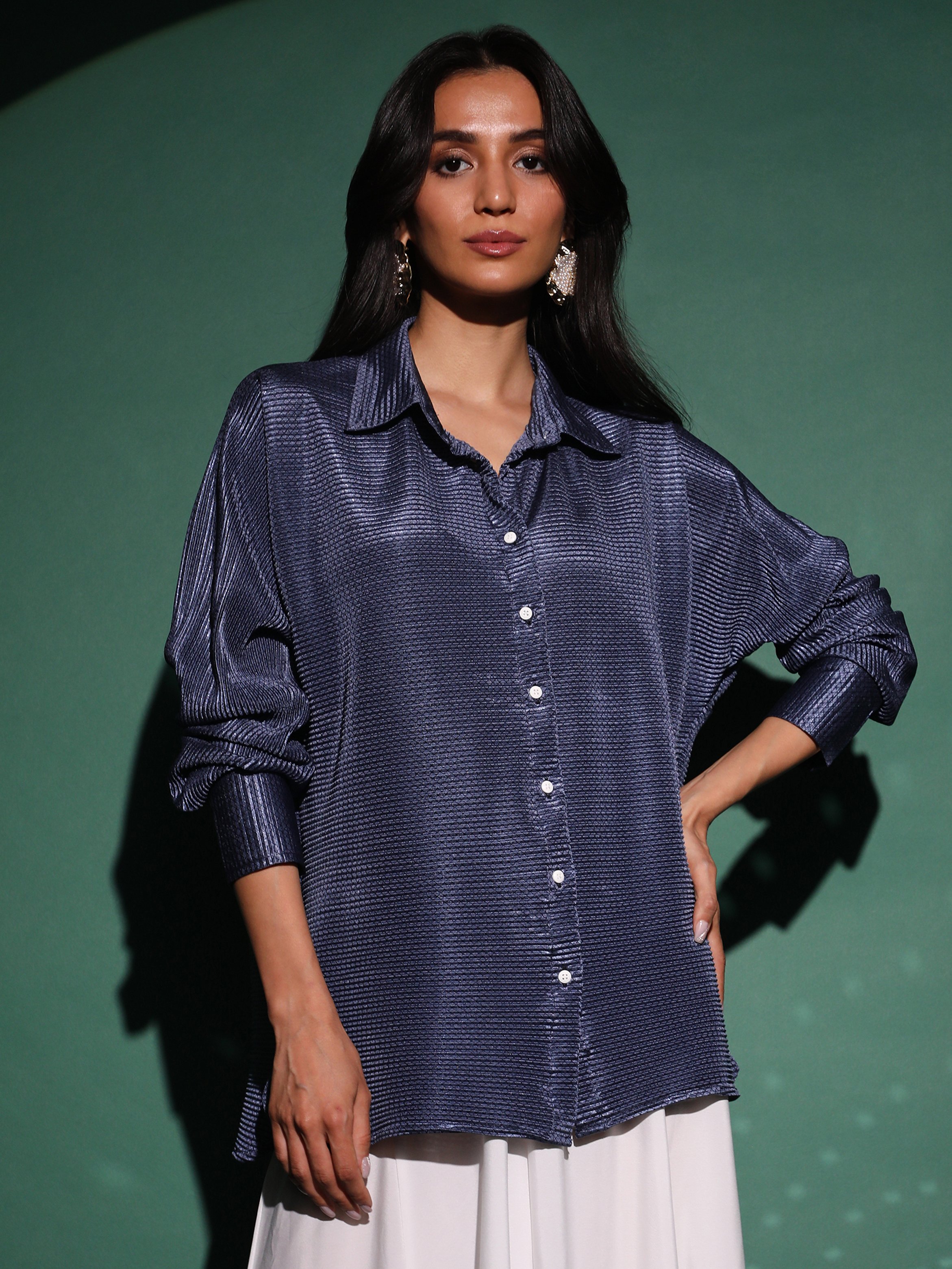 Navy Blue Textured-Pleat Long Sleeve Shirt