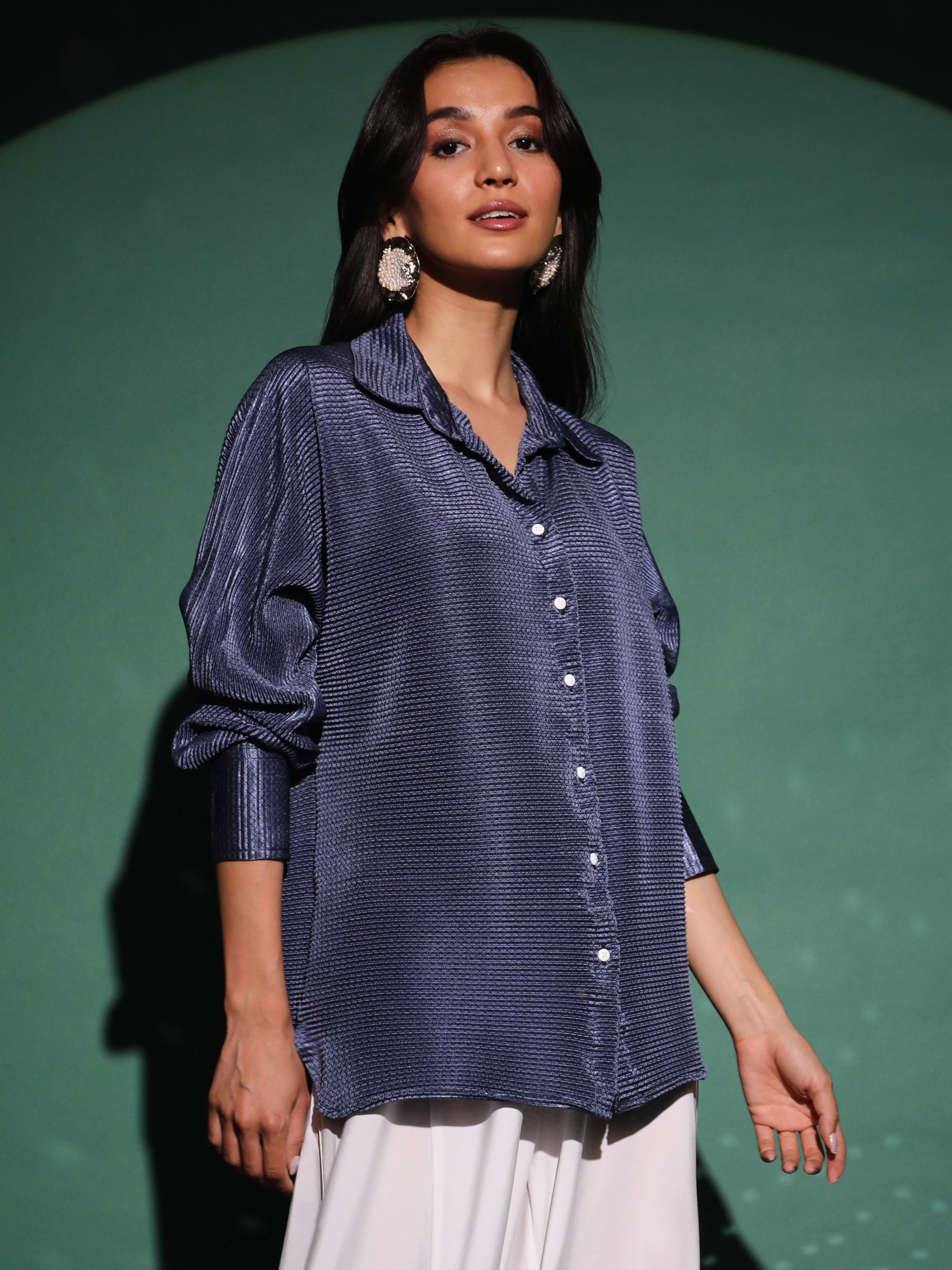 Navy Blue Textured-Pleat Long Sleeve Shirt
