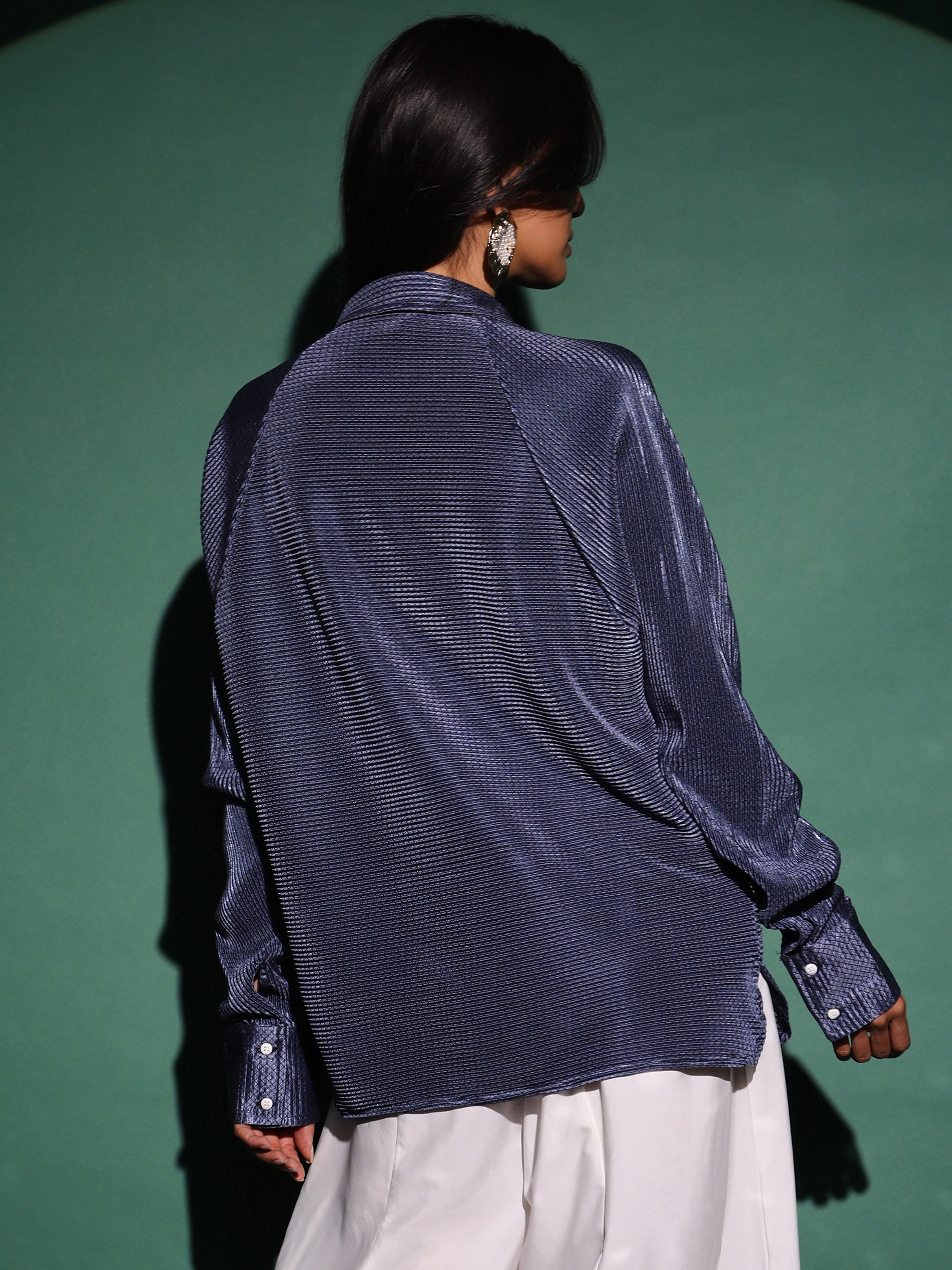 Navy Blue Textured-Pleat Long Sleeve Shirt