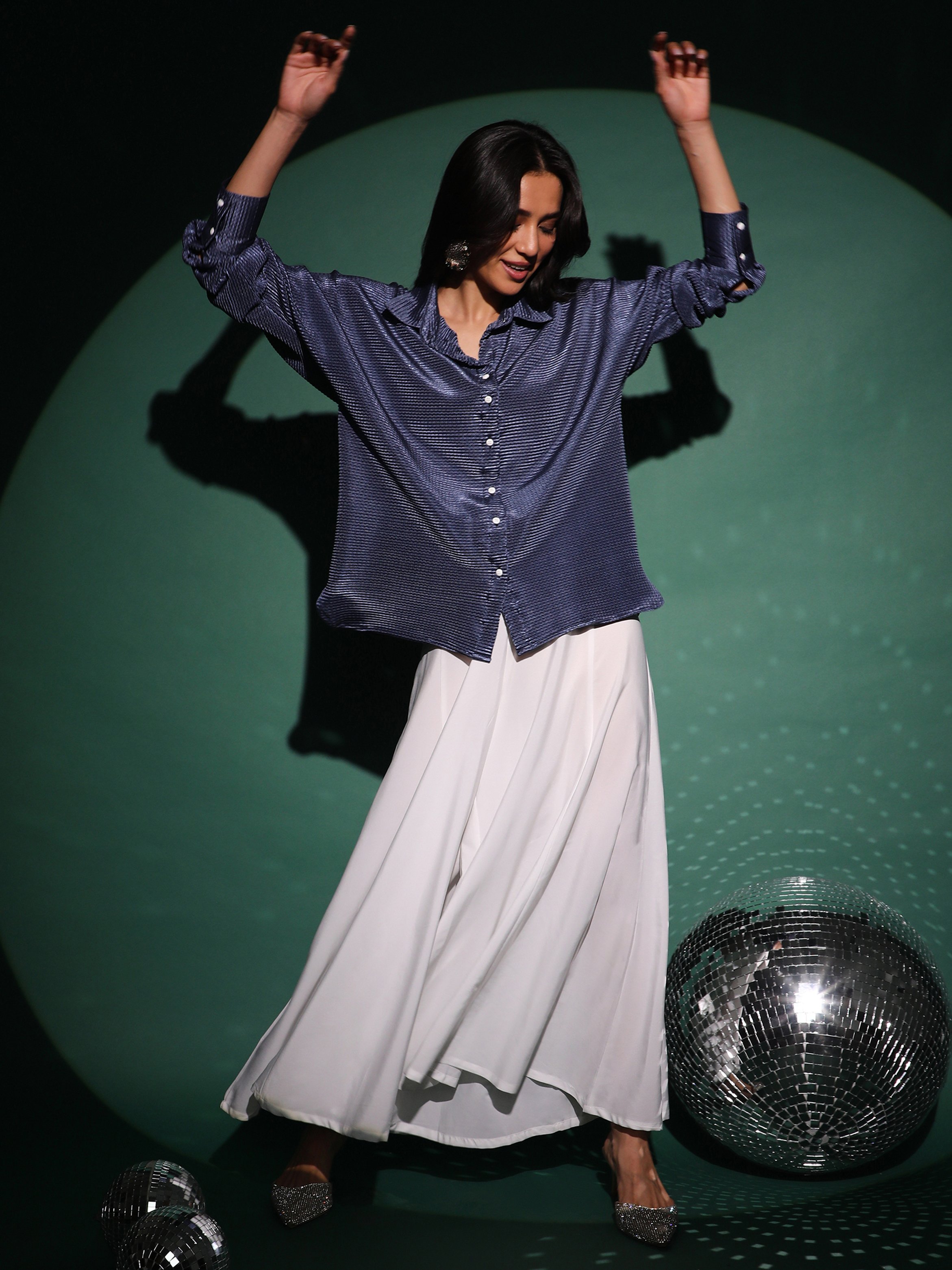 Navy Blue Textured-Pleat Long Sleeve Shirt