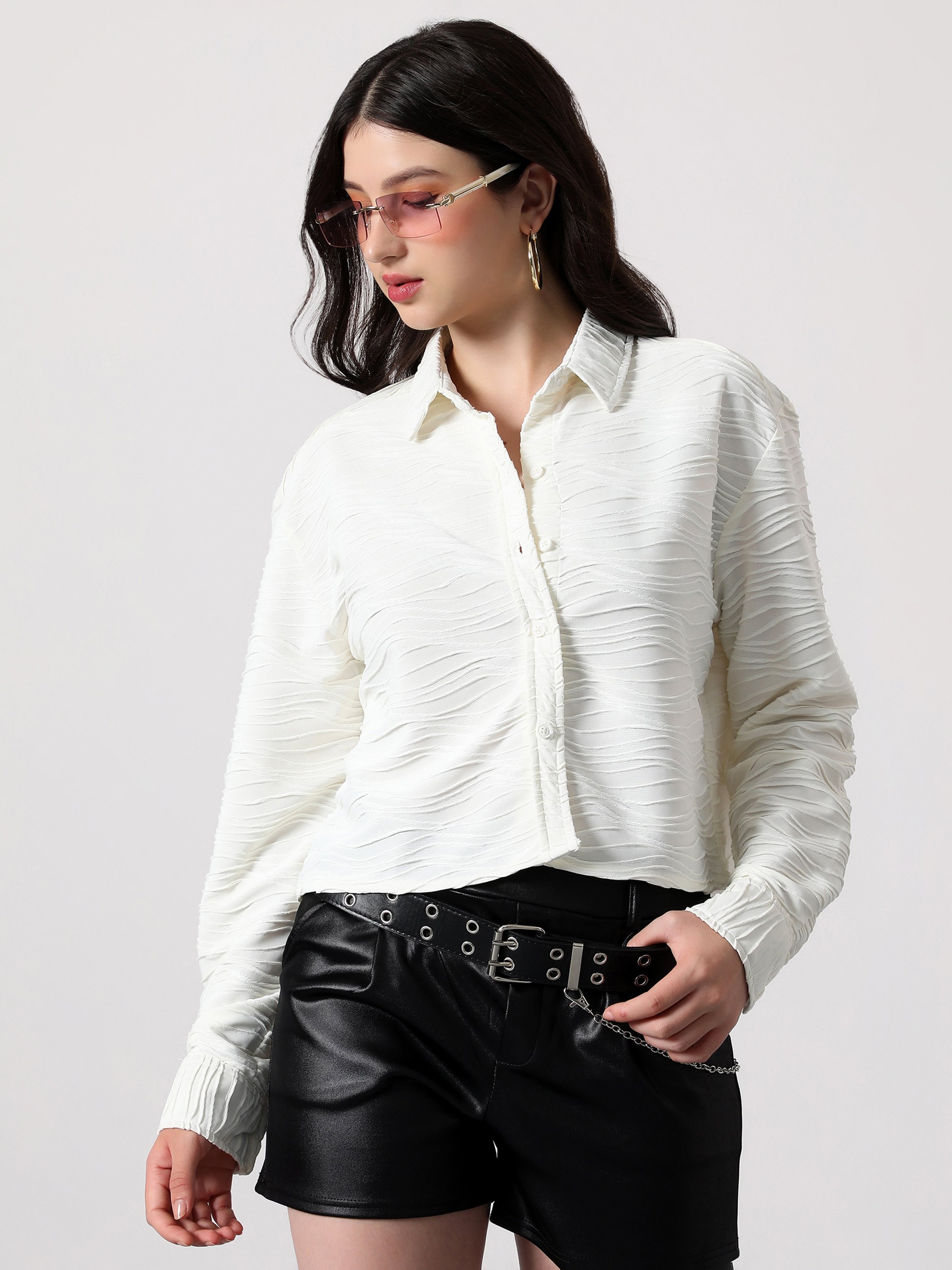 White Textured Long Sleeve Boxy Shirt