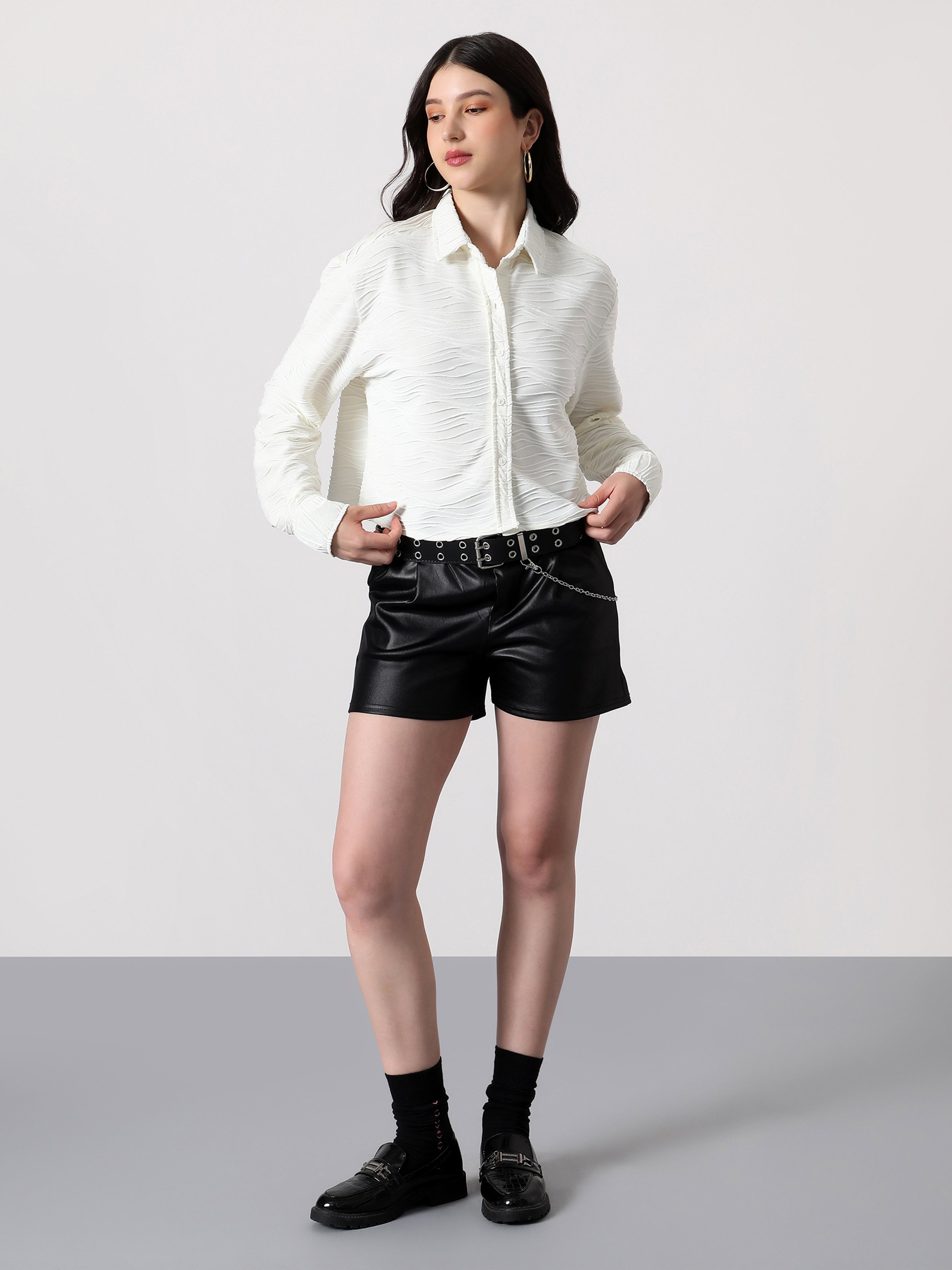White Textured Long Sleeve Boxy Shirt