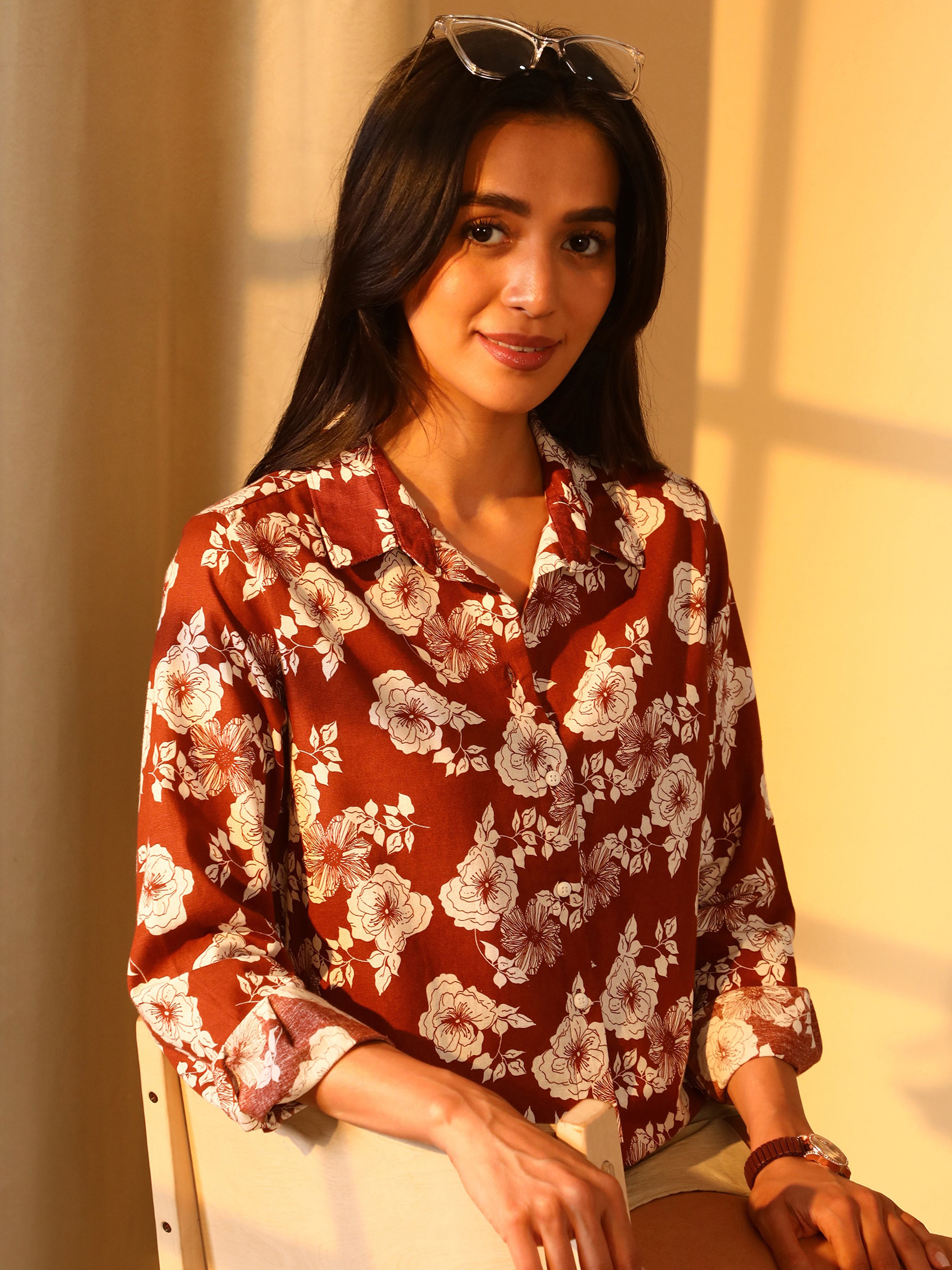 Mocha Brown Floral Print Long Sleeve Shirt