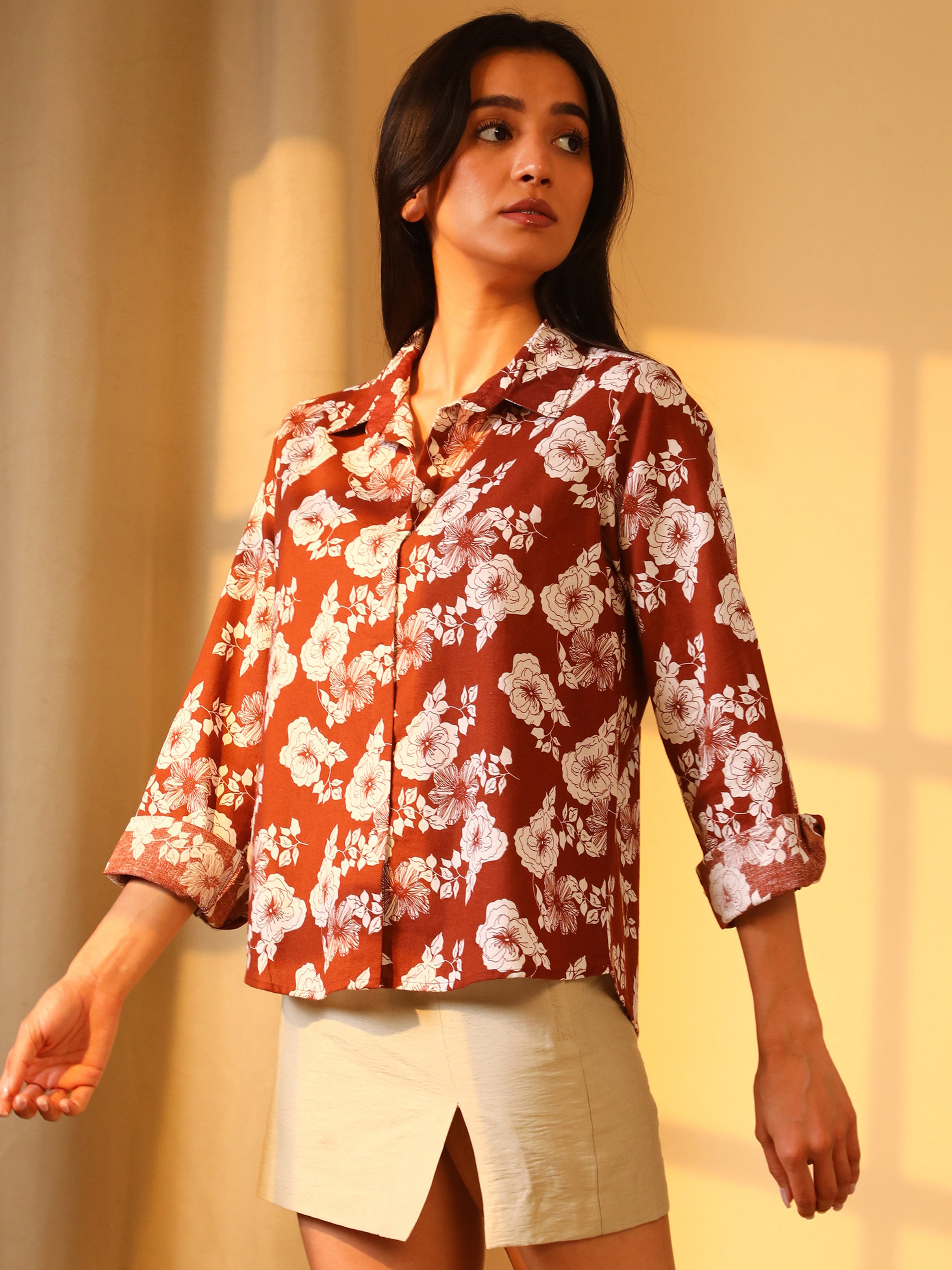 Mocha Brown Floral Print Long Sleeve Shirt