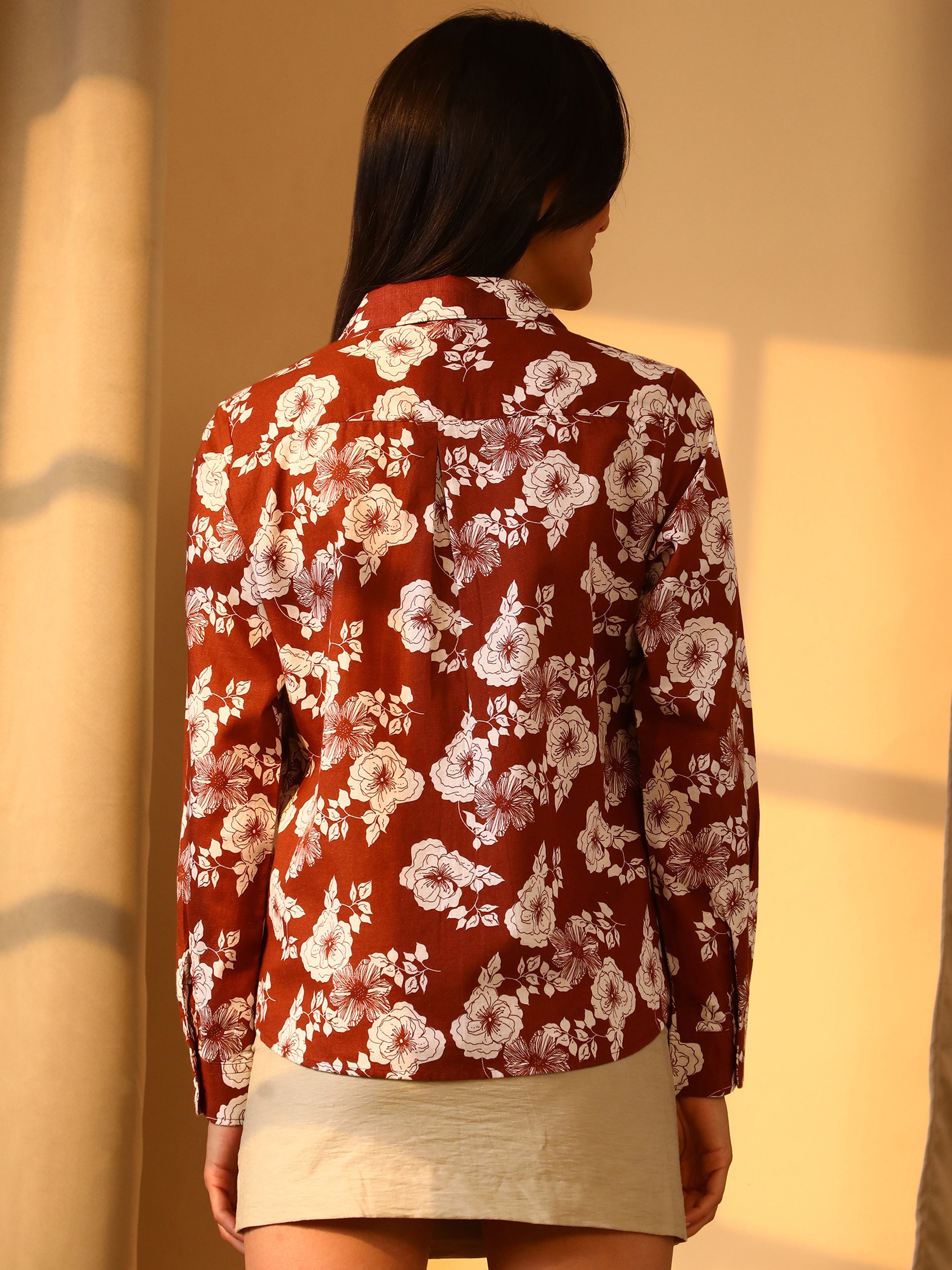 Mocha Brown Floral Print Long Sleeve Shirt