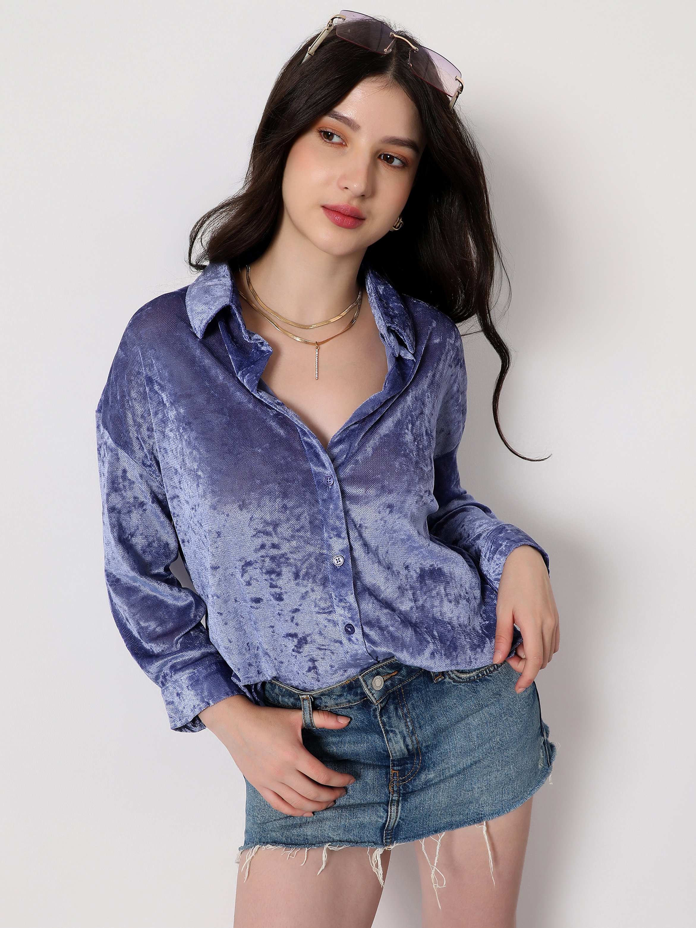 Blue Velvet Long Sleeve Oversized Shirt