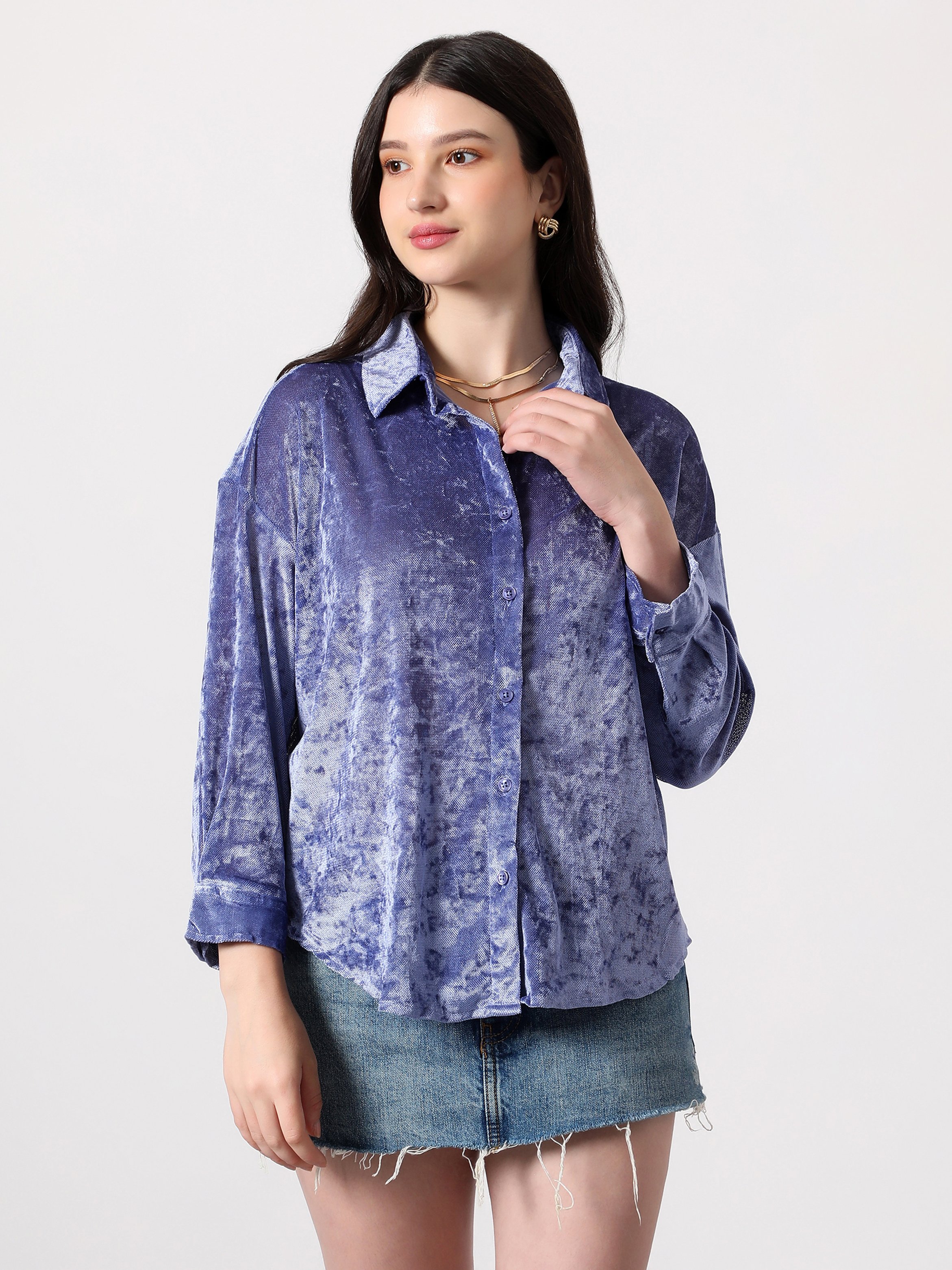 Blue Velvet Long Sleeve Oversized Shirt