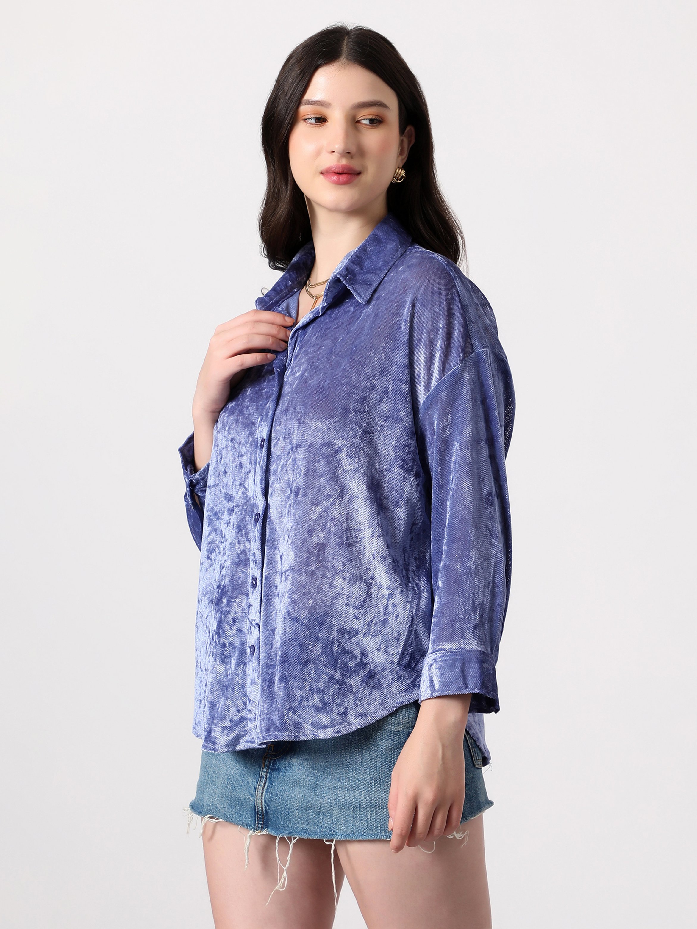 Blue Velvet Long Sleeve Oversized Shirt