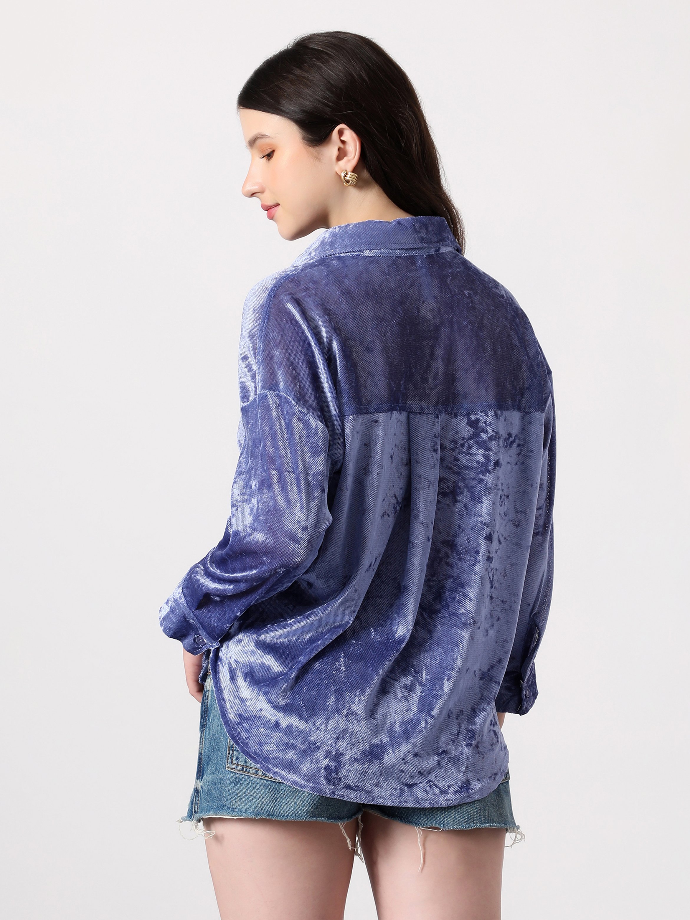 Blue Velvet Long Sleeve Oversized Shirt