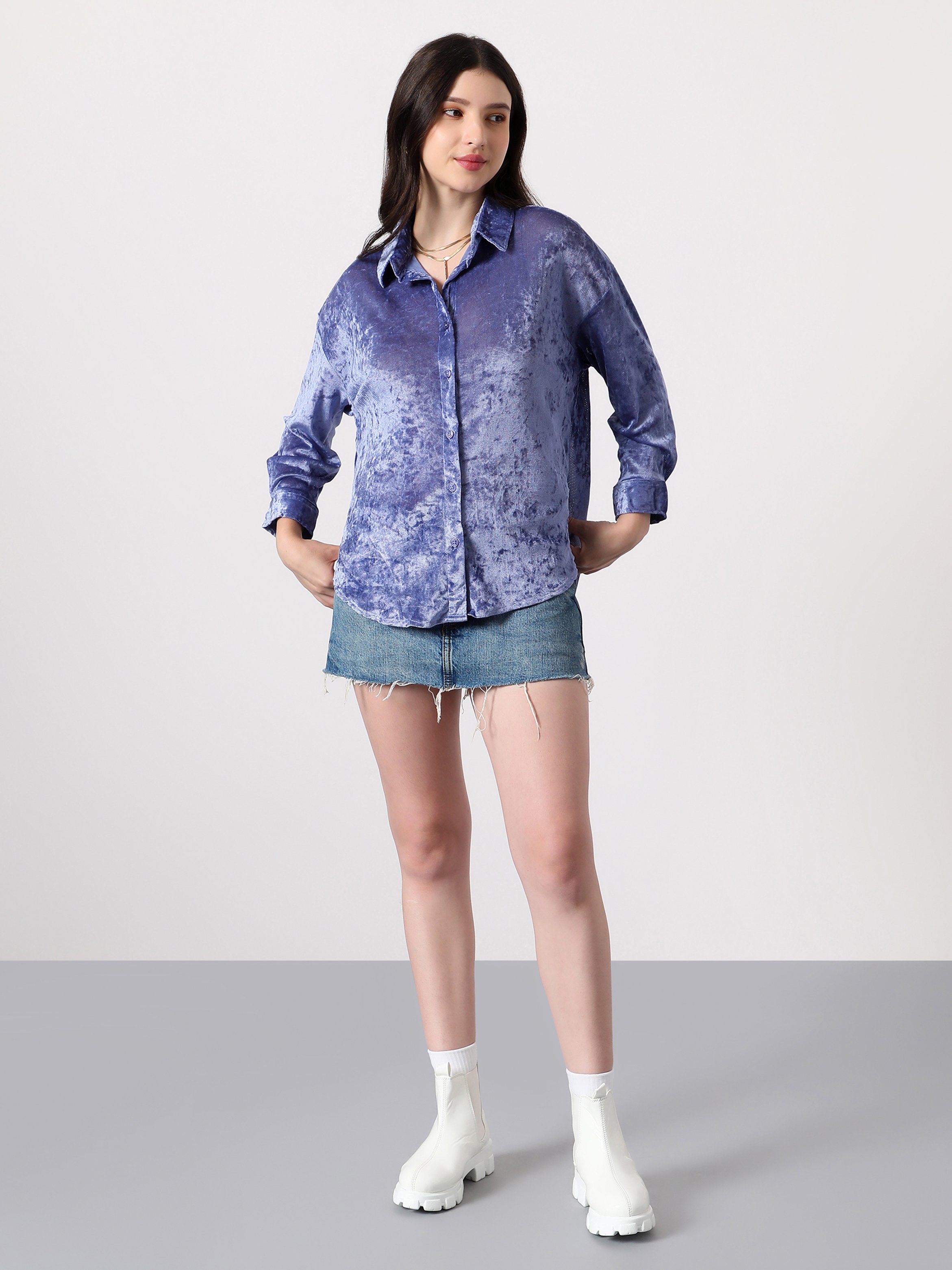 Blue Velvet Long Sleeve Oversized Shirt