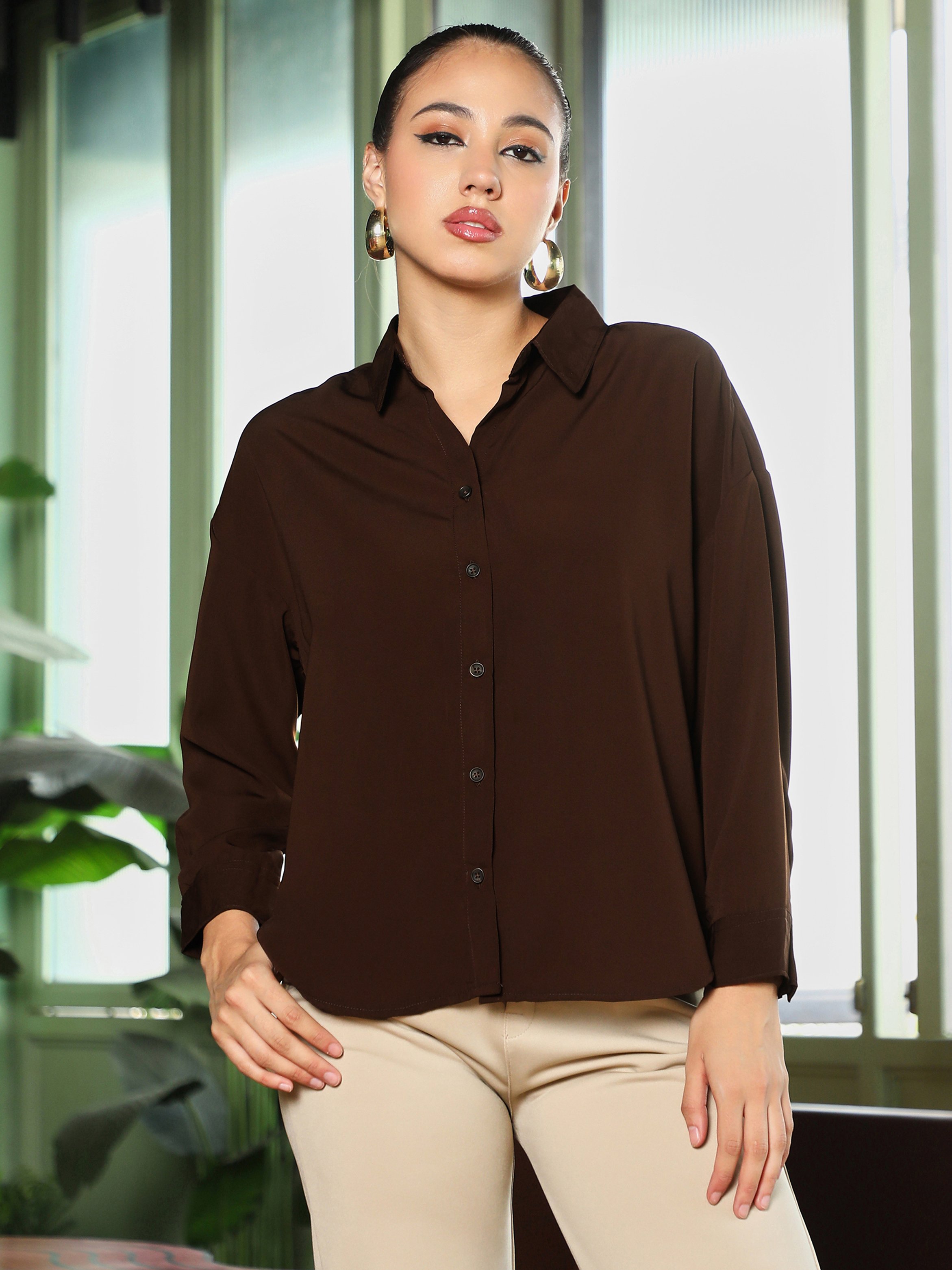 Chocolate Brown Satin Oversized Shirt
