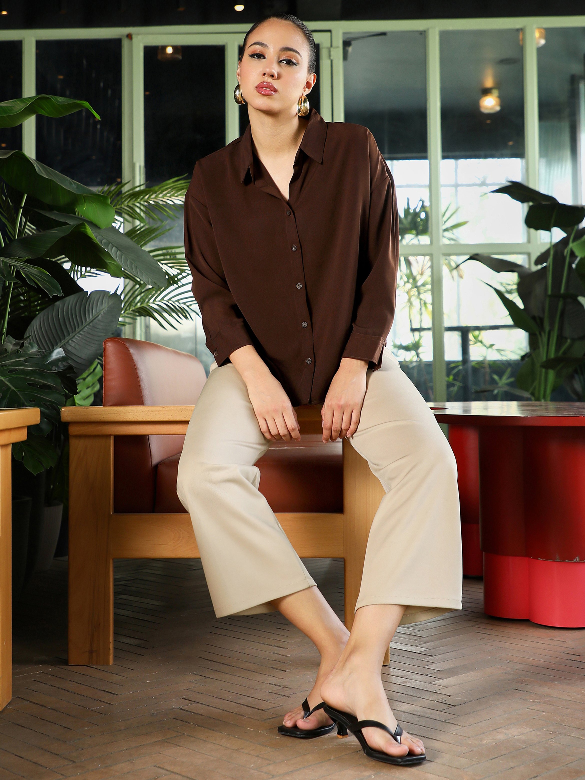Chocolate Brown Satin Oversized Shirt