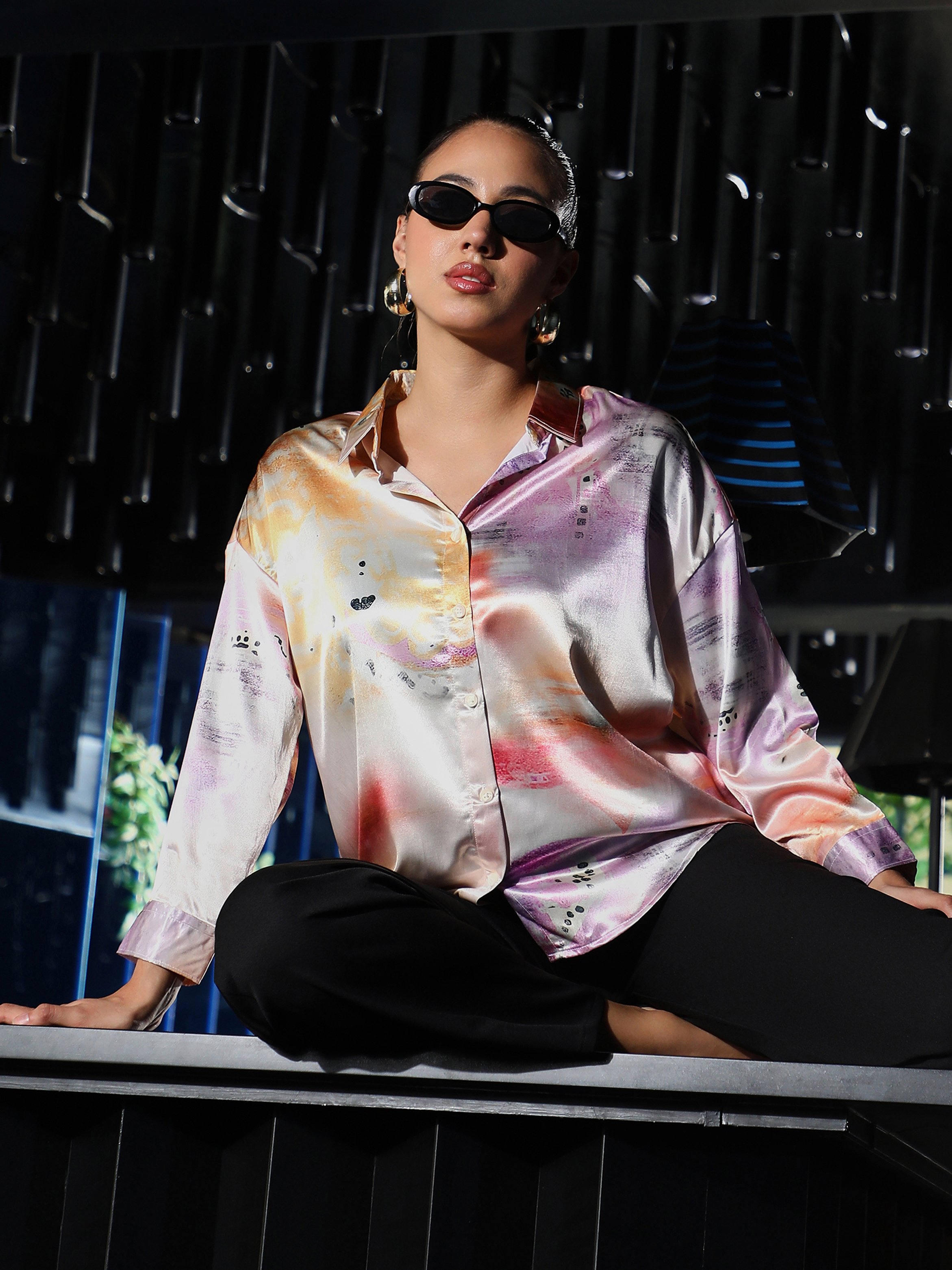 Abstract Print Long Sleeve Satin Shirt