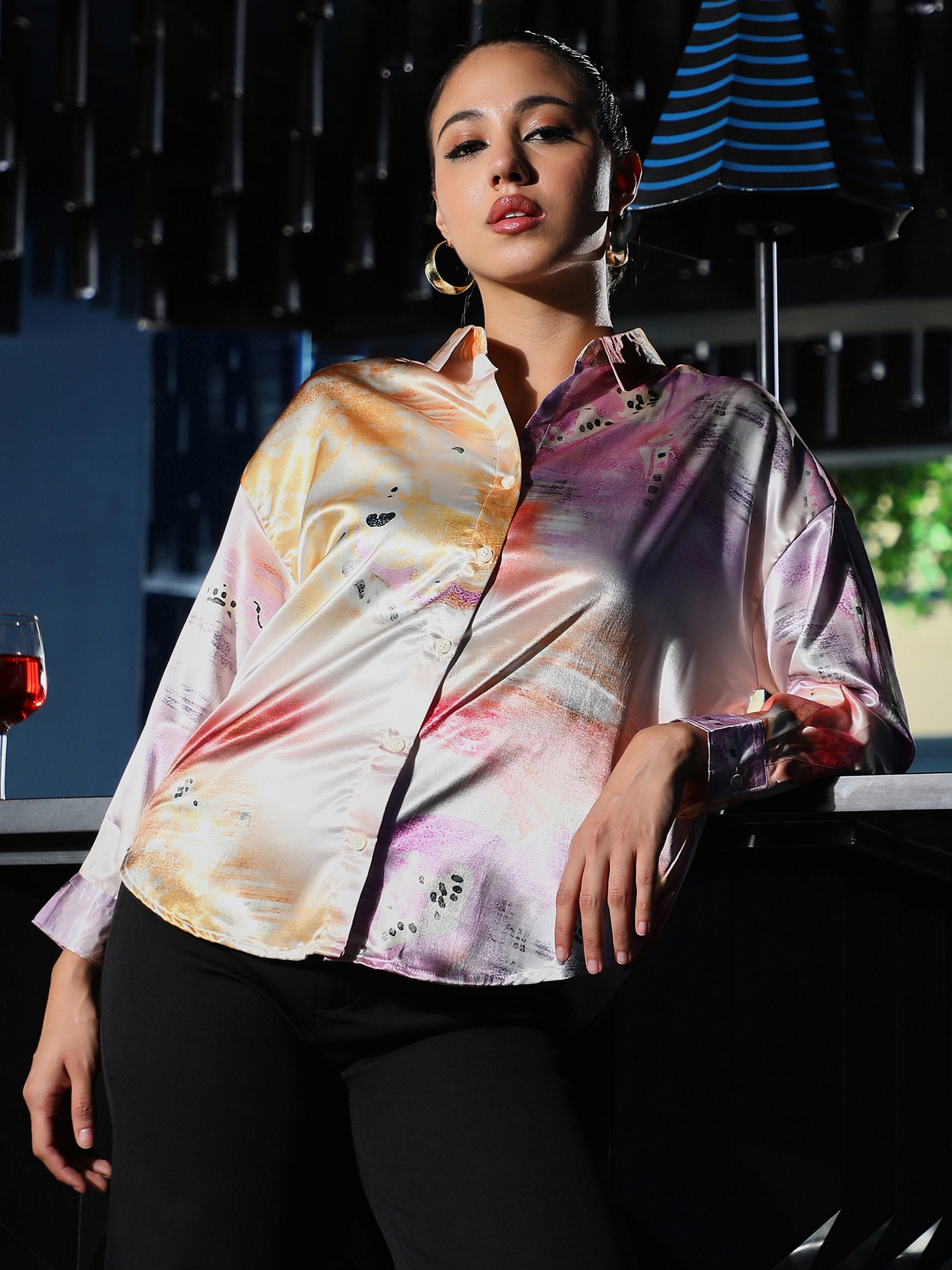 Abstract Print Long Sleeve Satin Shirt