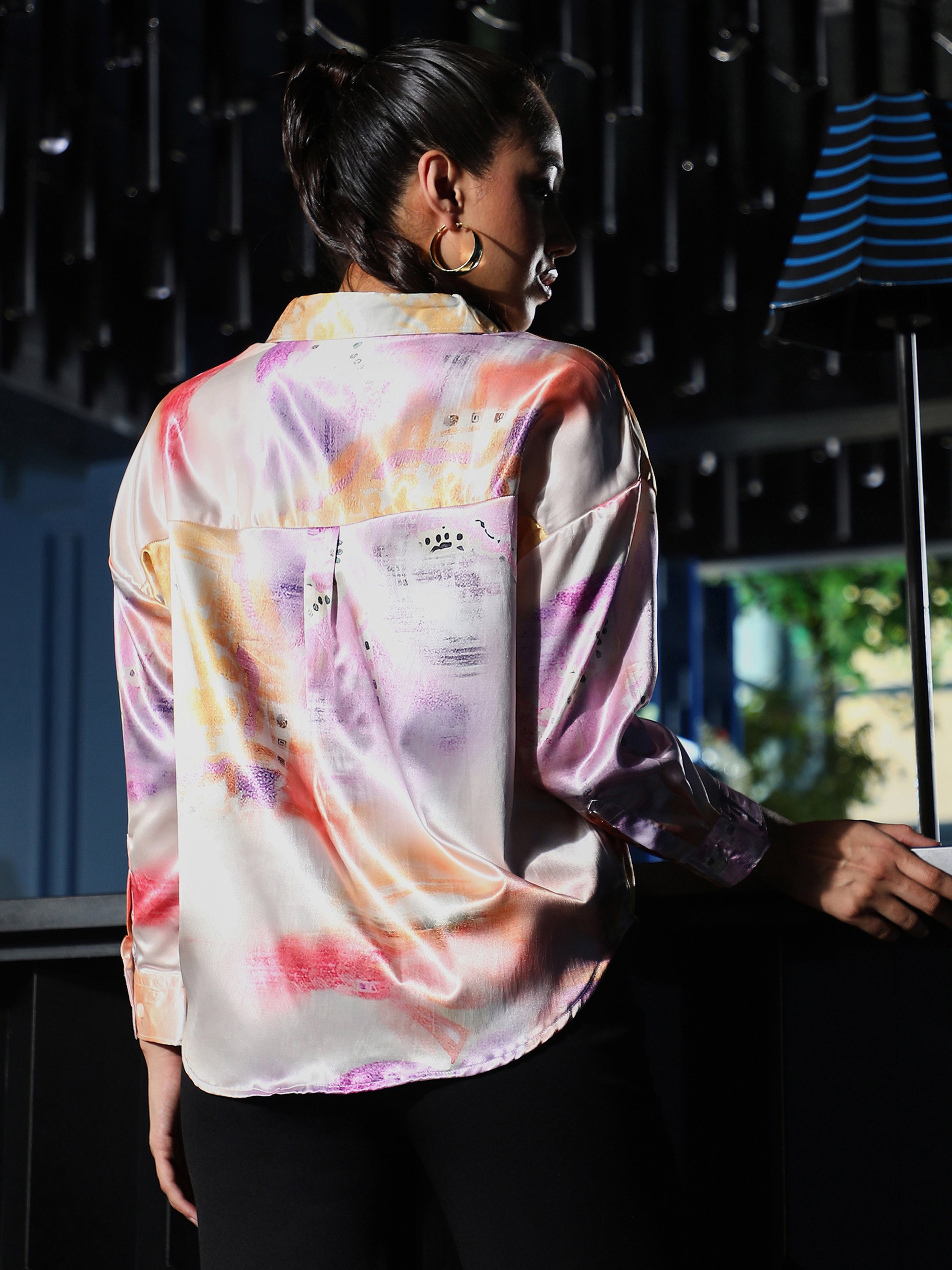 Abstract Print Long Sleeve Satin Shirt