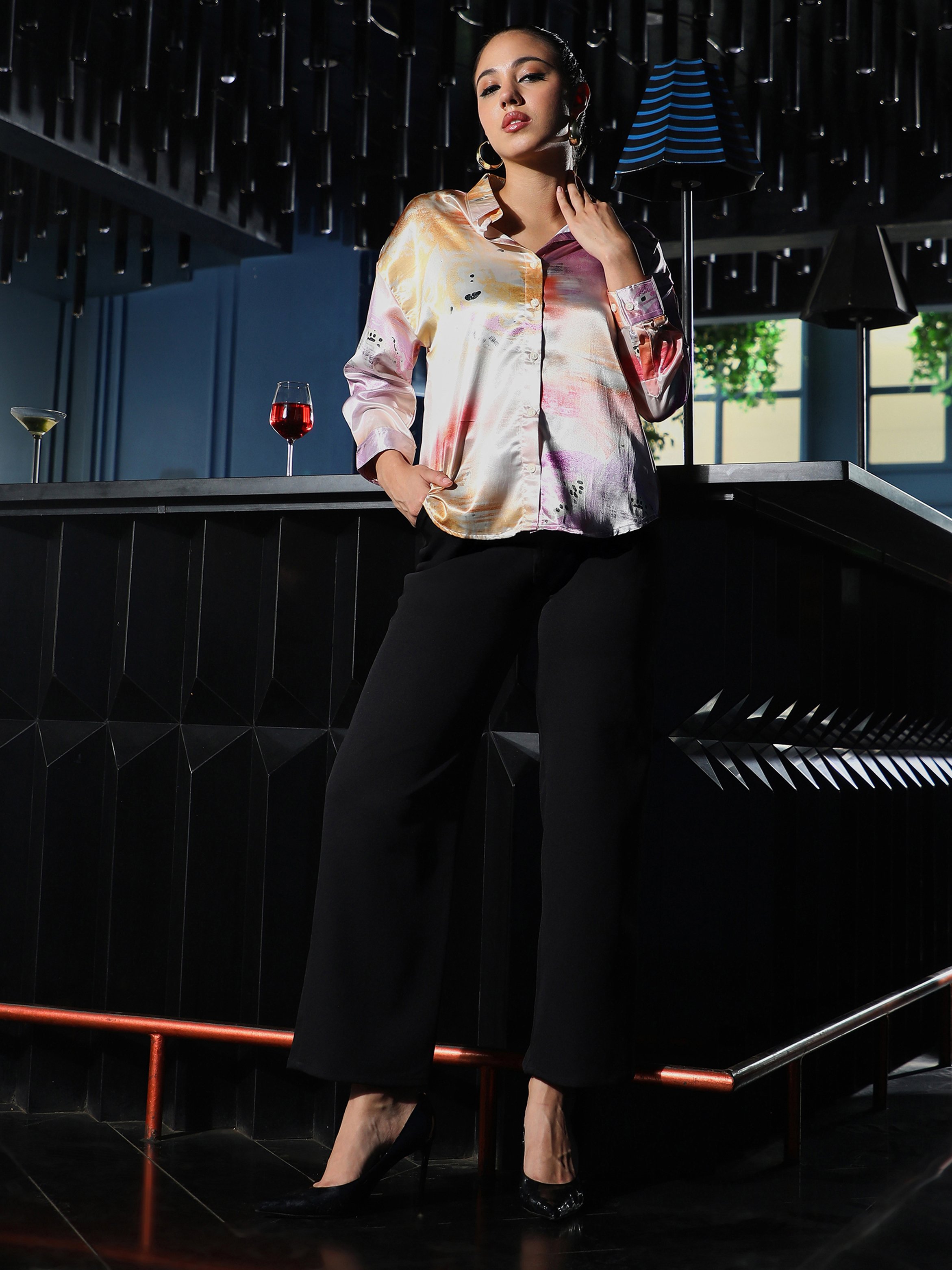 Abstract Print Long Sleeve Satin Shirt