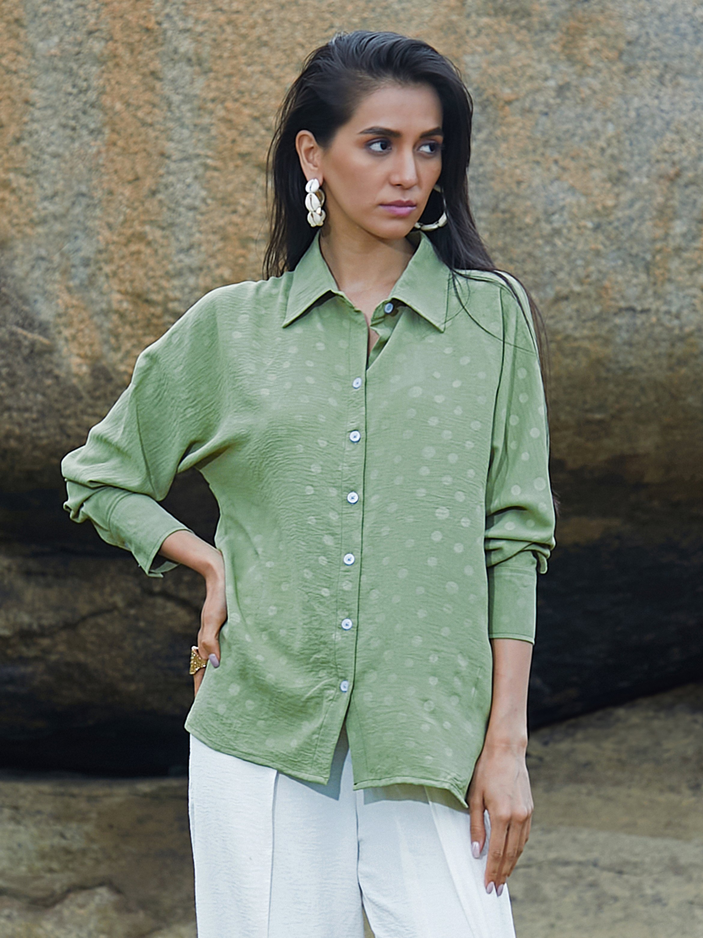 Pistachio Green Polka Dot Textured Shirt