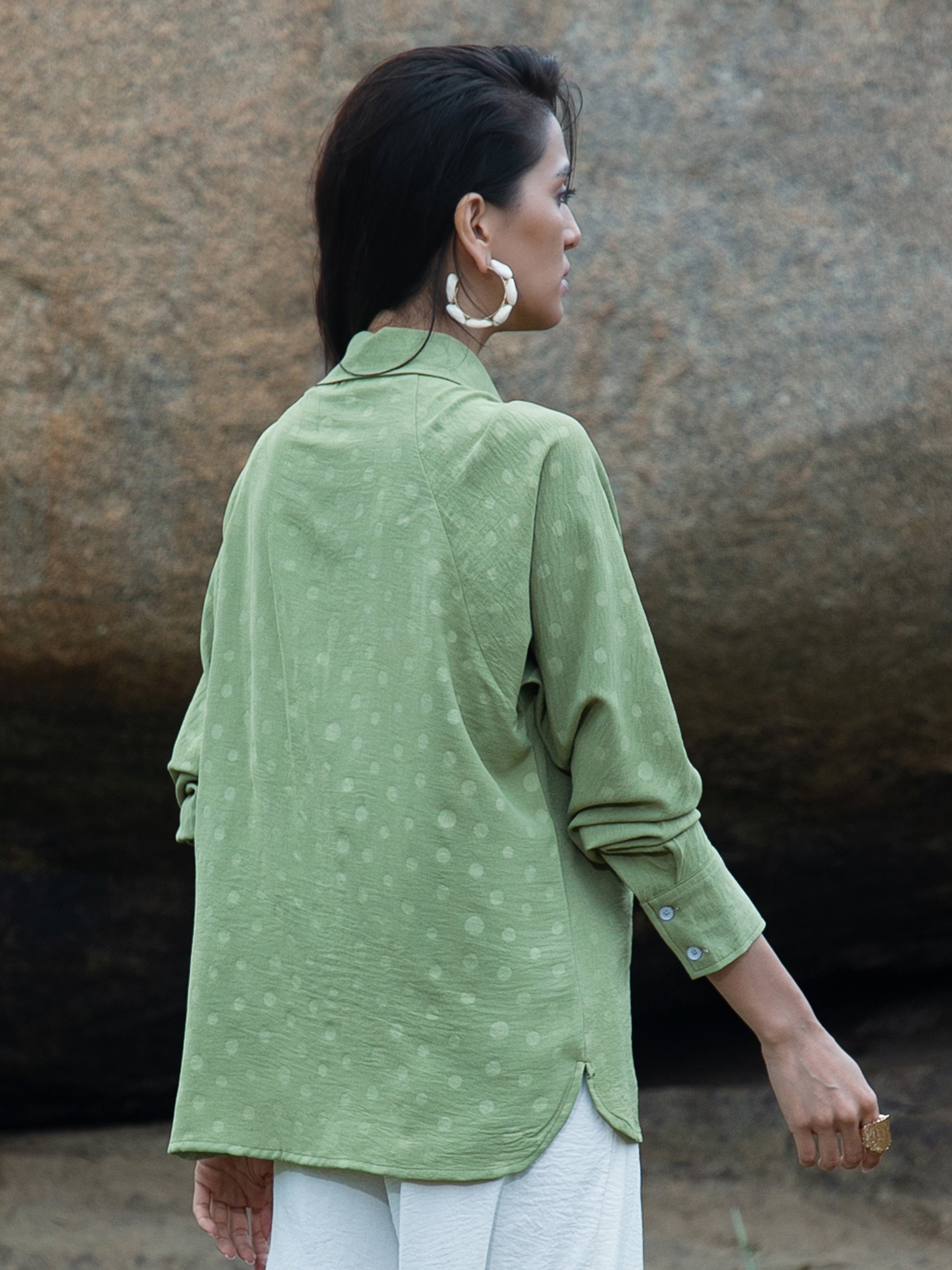 Pistachio Green Polka Dot Textured Shirt