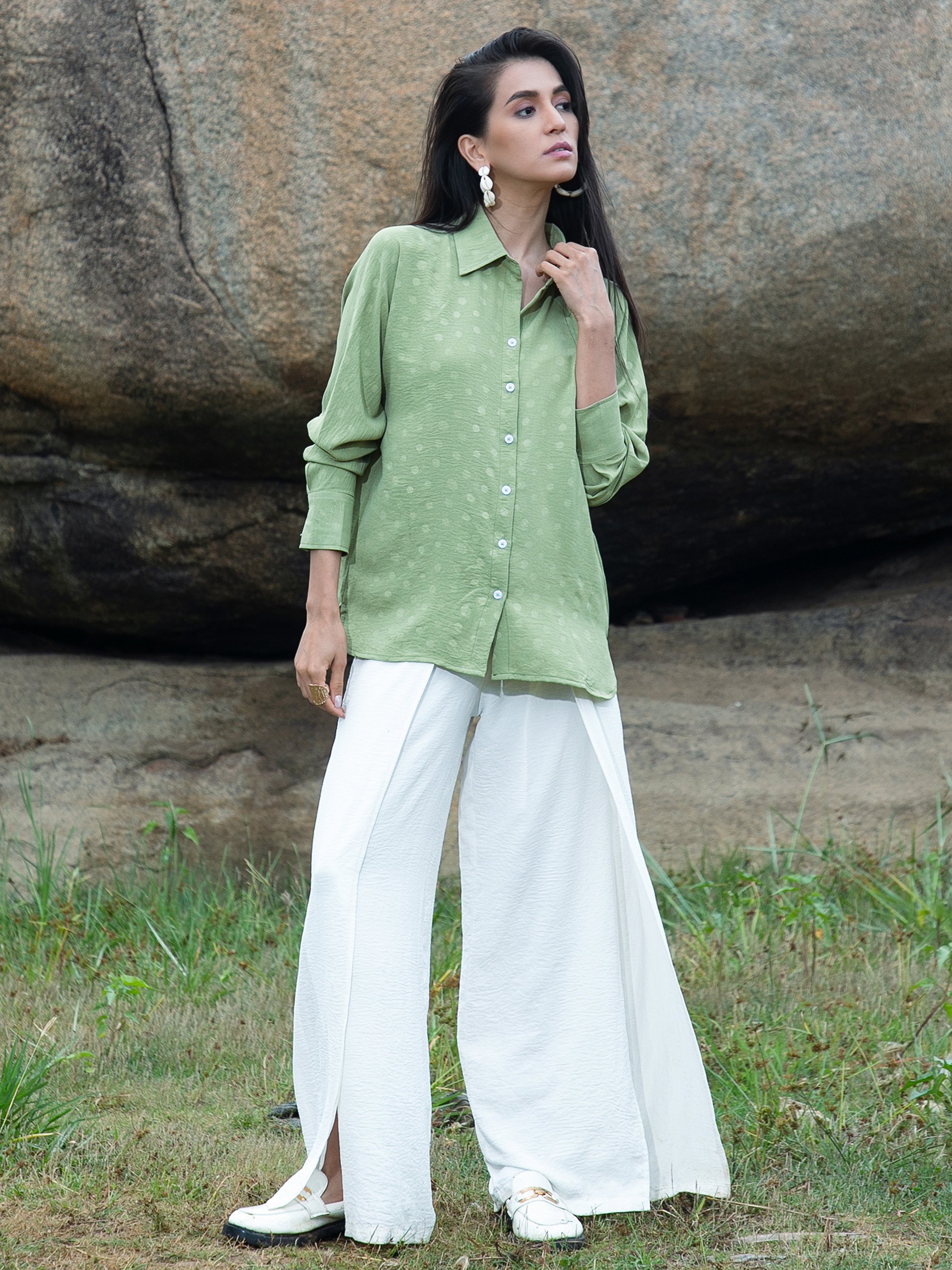Pistachio Green Polka Dot Textured Shirt