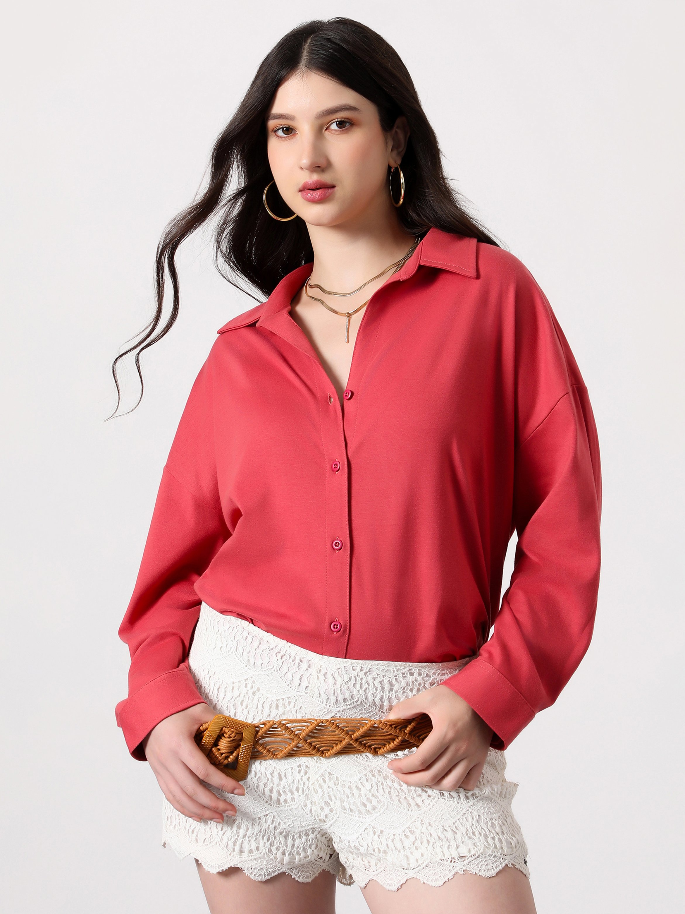 Red Solid-Knit Oversized Shirt