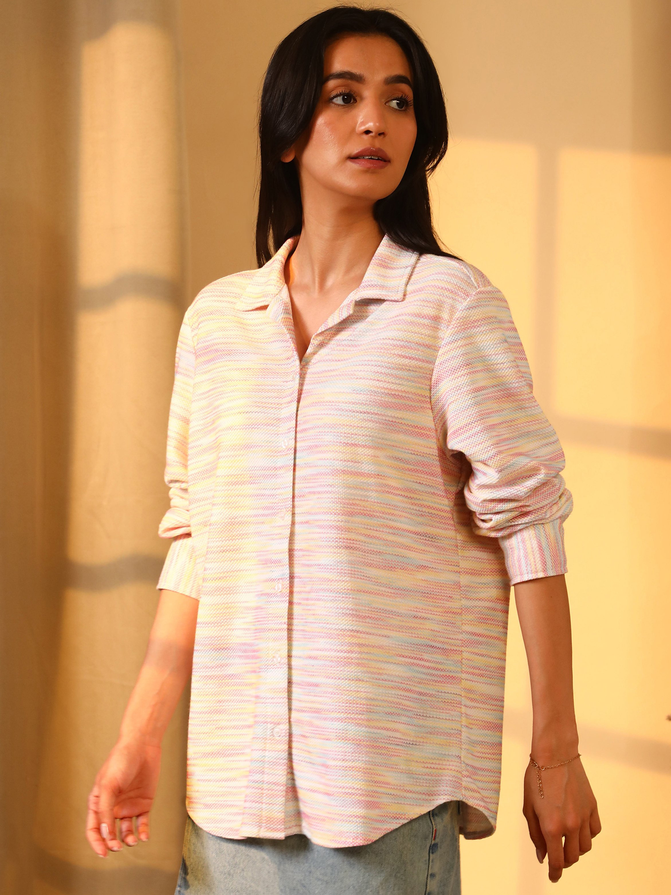 Striped Textured Knit Long Sleeve Shirt